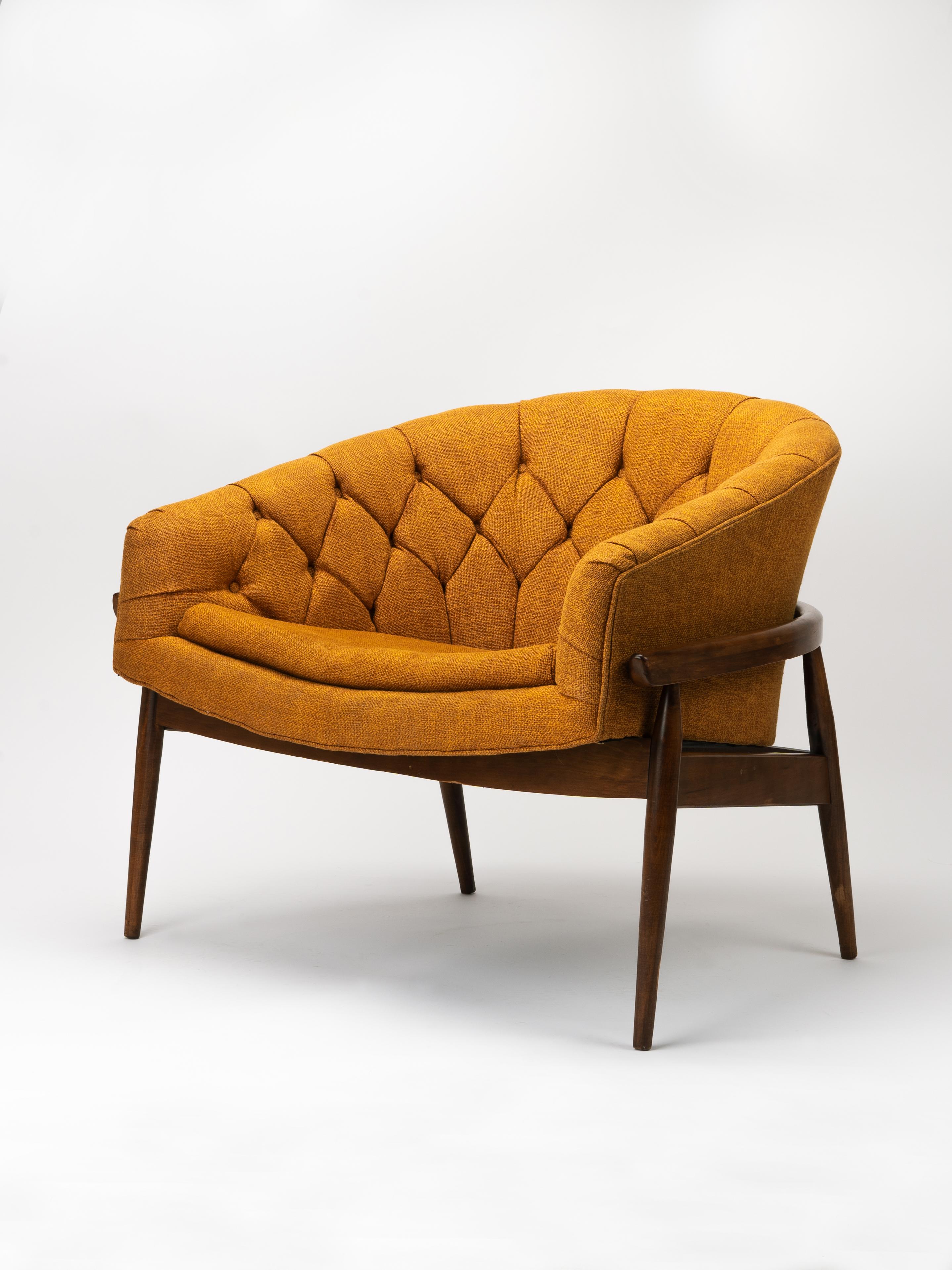 Upholstery Fairfield Chair Co. Gold Tufted Mid-Century Barrel Back Lounge Chair For Sale