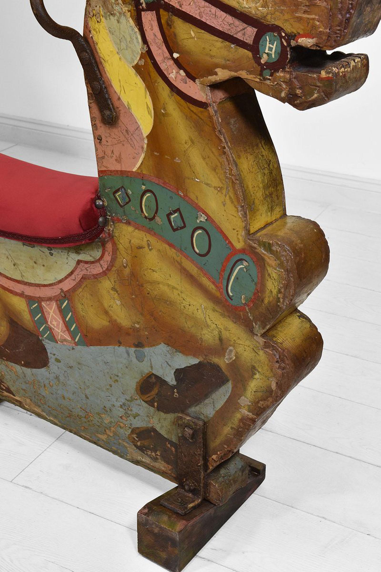 Art Deco Fairground Merry Go Round Carousel Ride Wooden Decorative Horse Velvet Seat