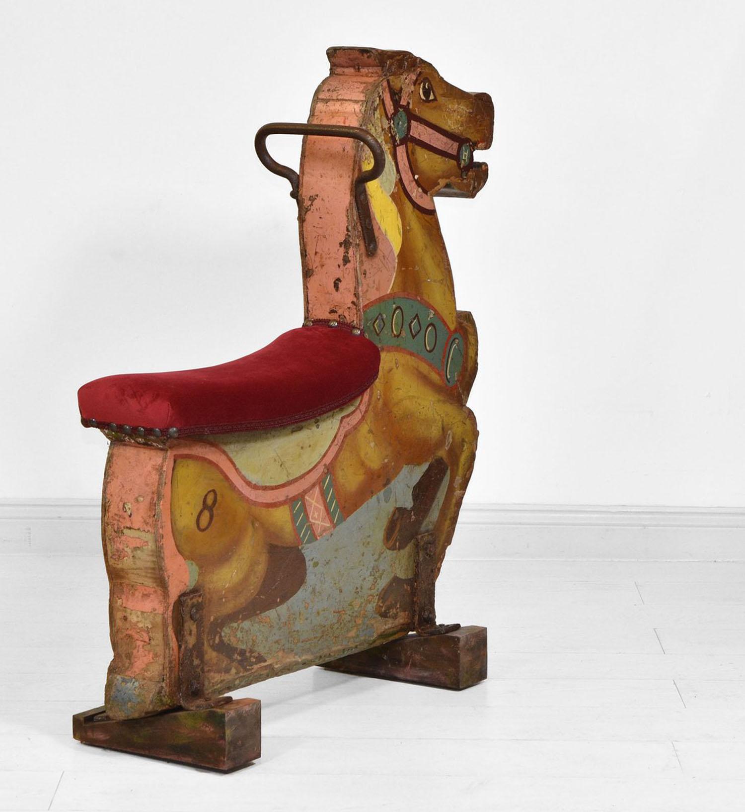 English Fairground Merry Go Round Carousel Ride Wooden Decorative Horse Velvet Seat
