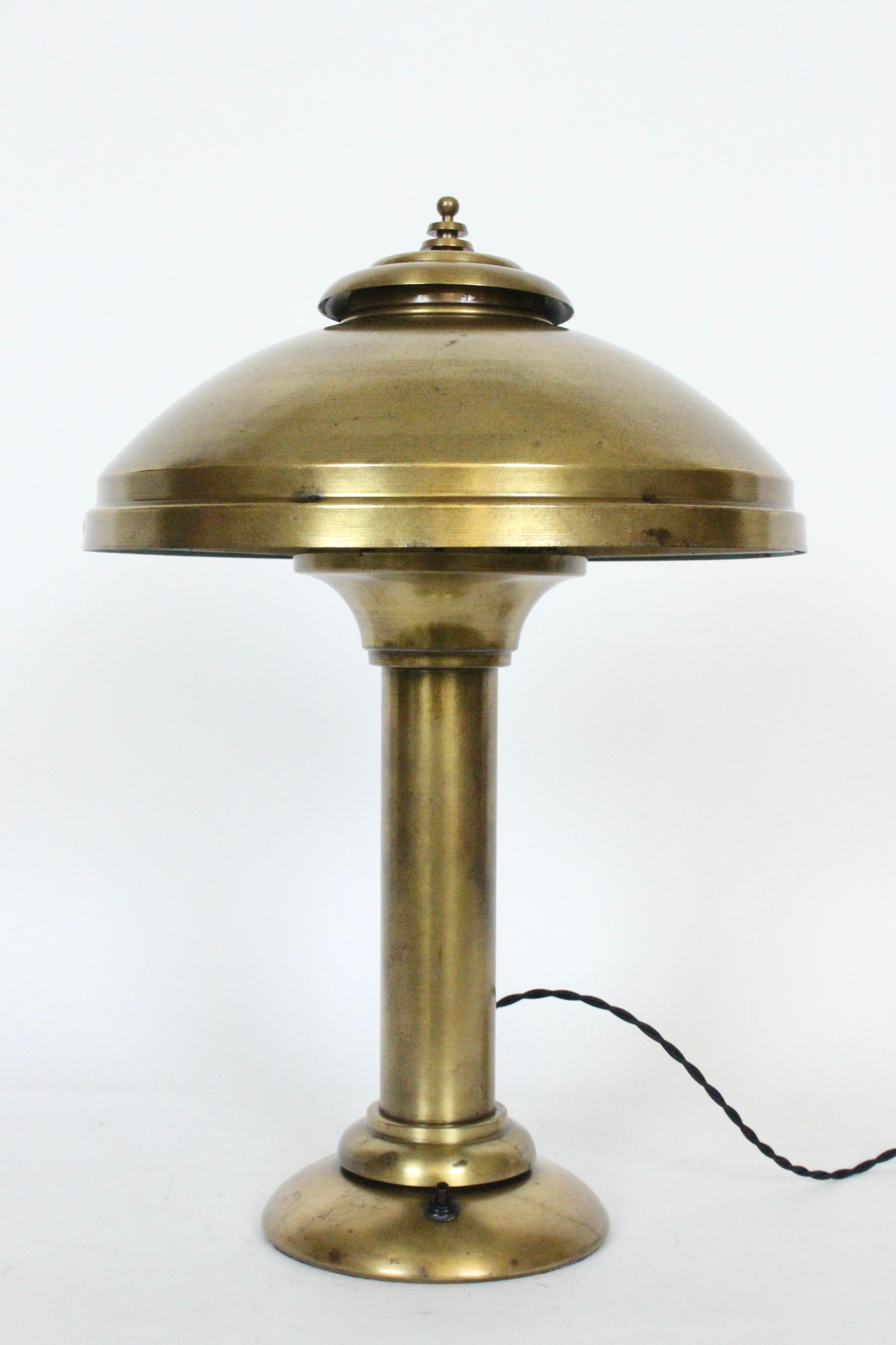 Enameled Fairies Mfg. Co. Cantilever All Brass Shaded Desk Lamp, 1920s For Sale