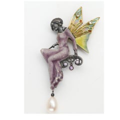 Fairy Lady Art Nouveau Enamel Brooch Pin Necklace Silver and 18 Karat Gold