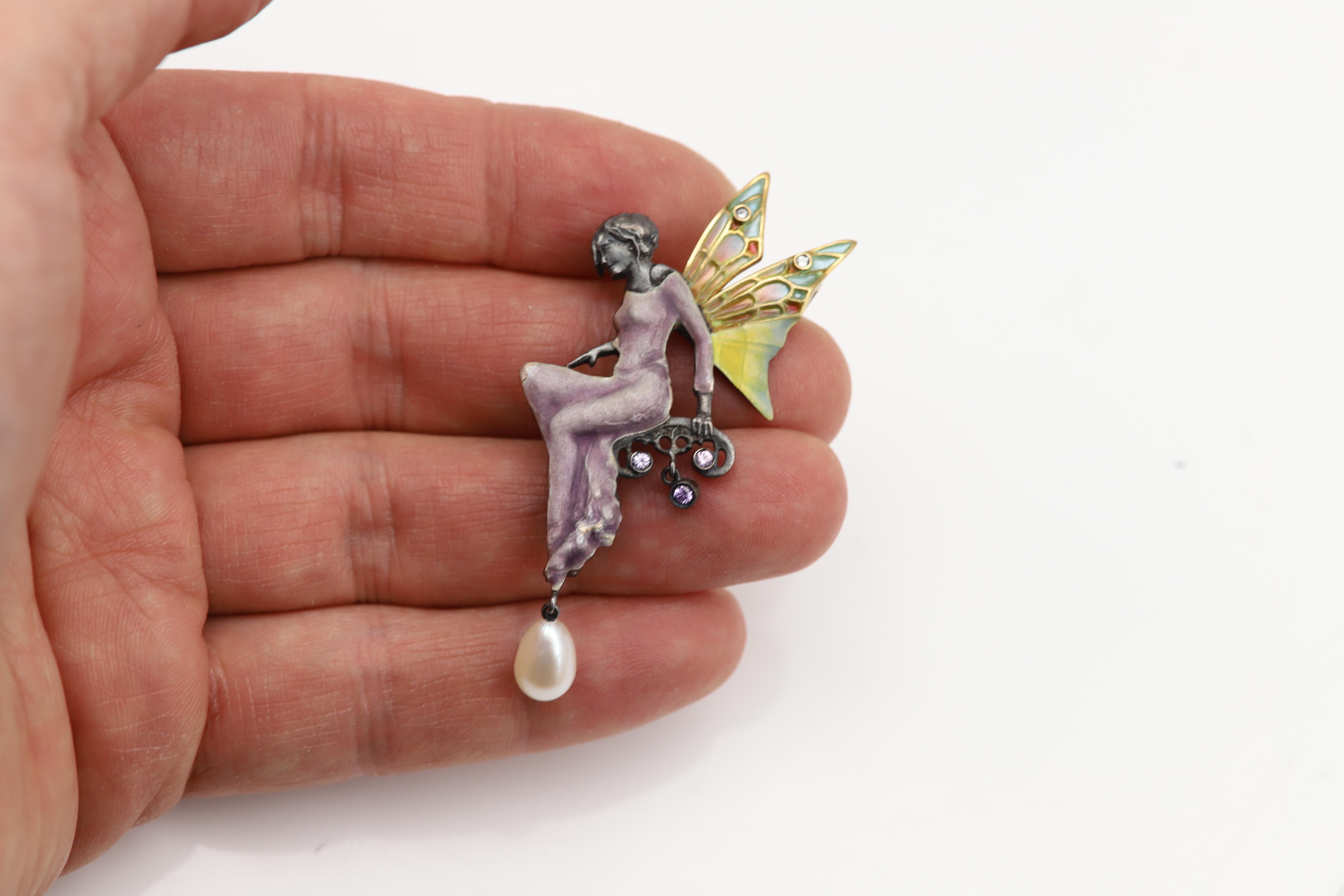 Art Nouveau Fairy Lady Nouveau 1910 Enamel Brooch Pin Necklace Silver and 18 Karat Gold For Sale
