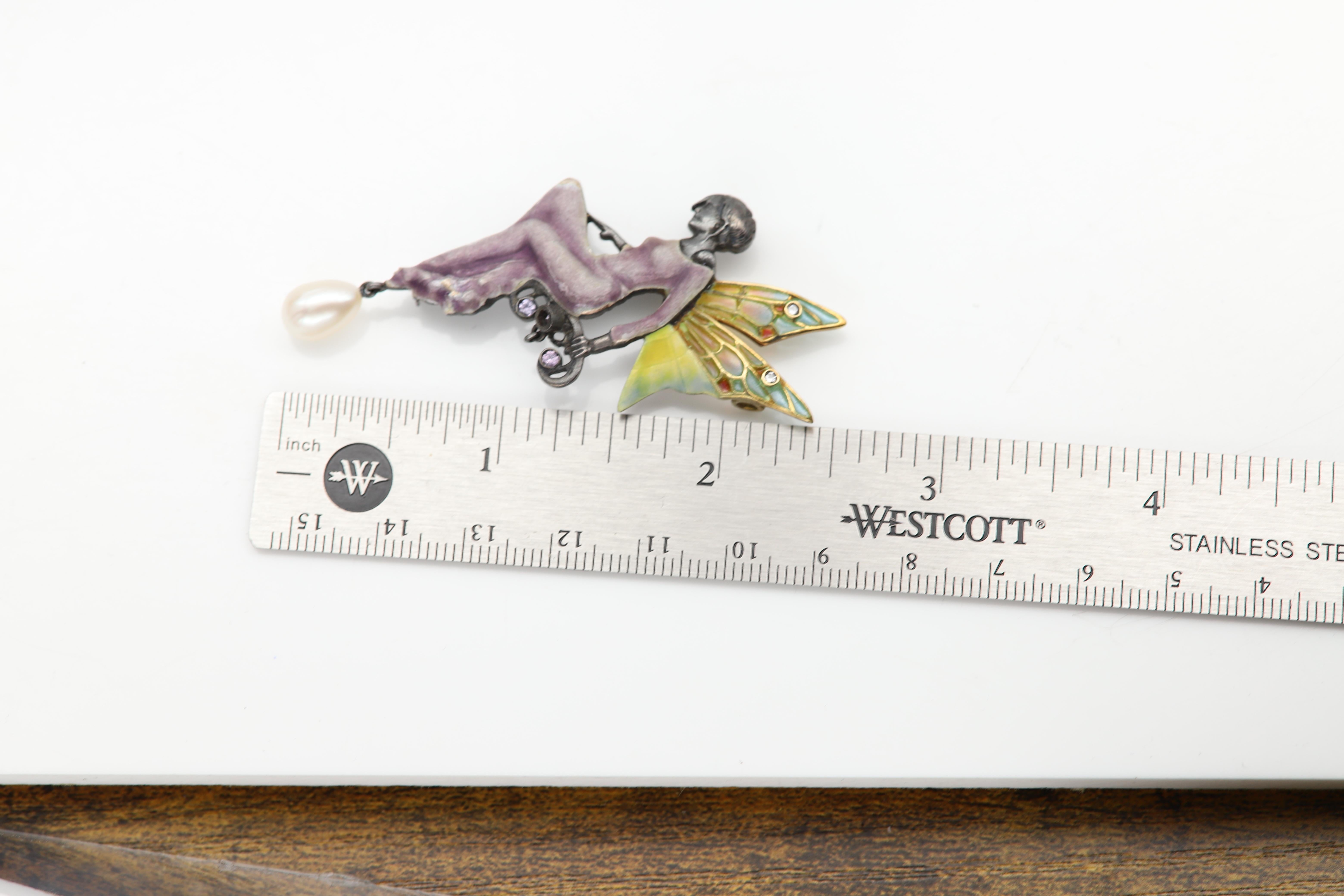 Fairy Lady Nouveau 1910 Enamel Brooch Pin Necklace Silver and 18 Karat Gold In New Condition For Sale In Brooklyn, NY