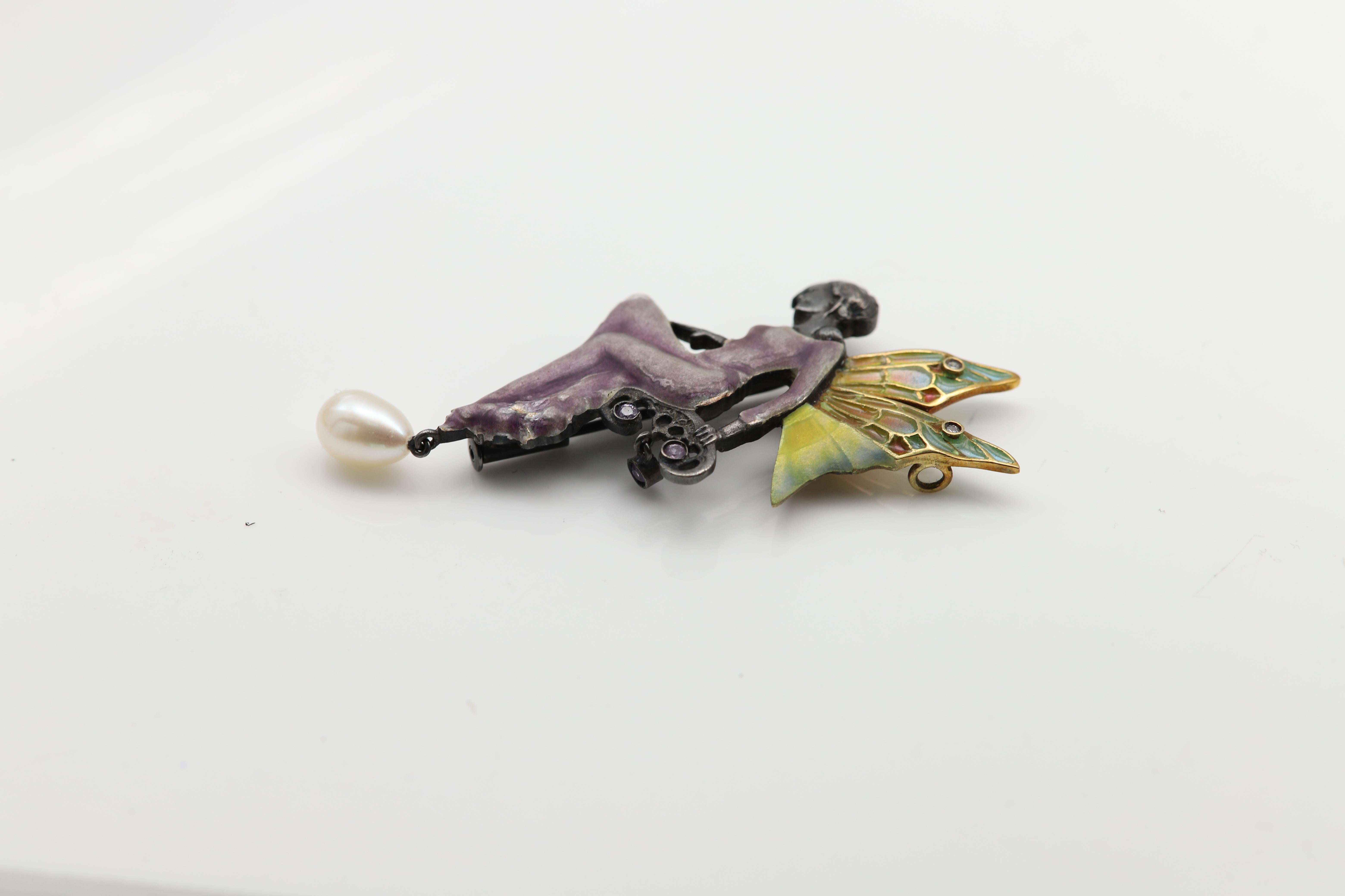 Women's Fairy Lady Nouveau 1910 Enamel Brooch Pin Necklace Silver and 18 Karat Gold For Sale