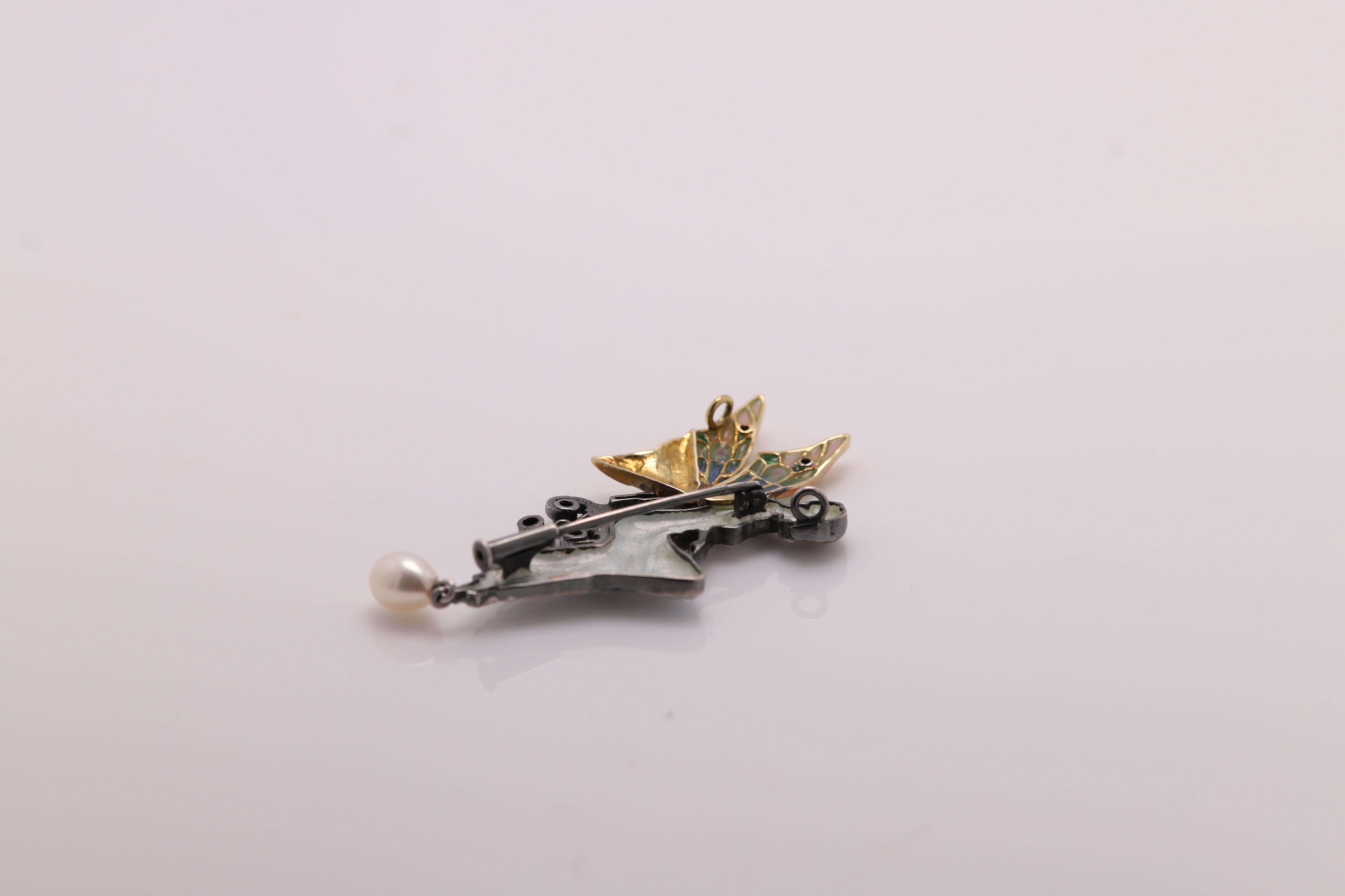 Fairy Lady Nouveau 1910 Enamel Brooch Pin Necklace Silver and 18 Karat Gold 1