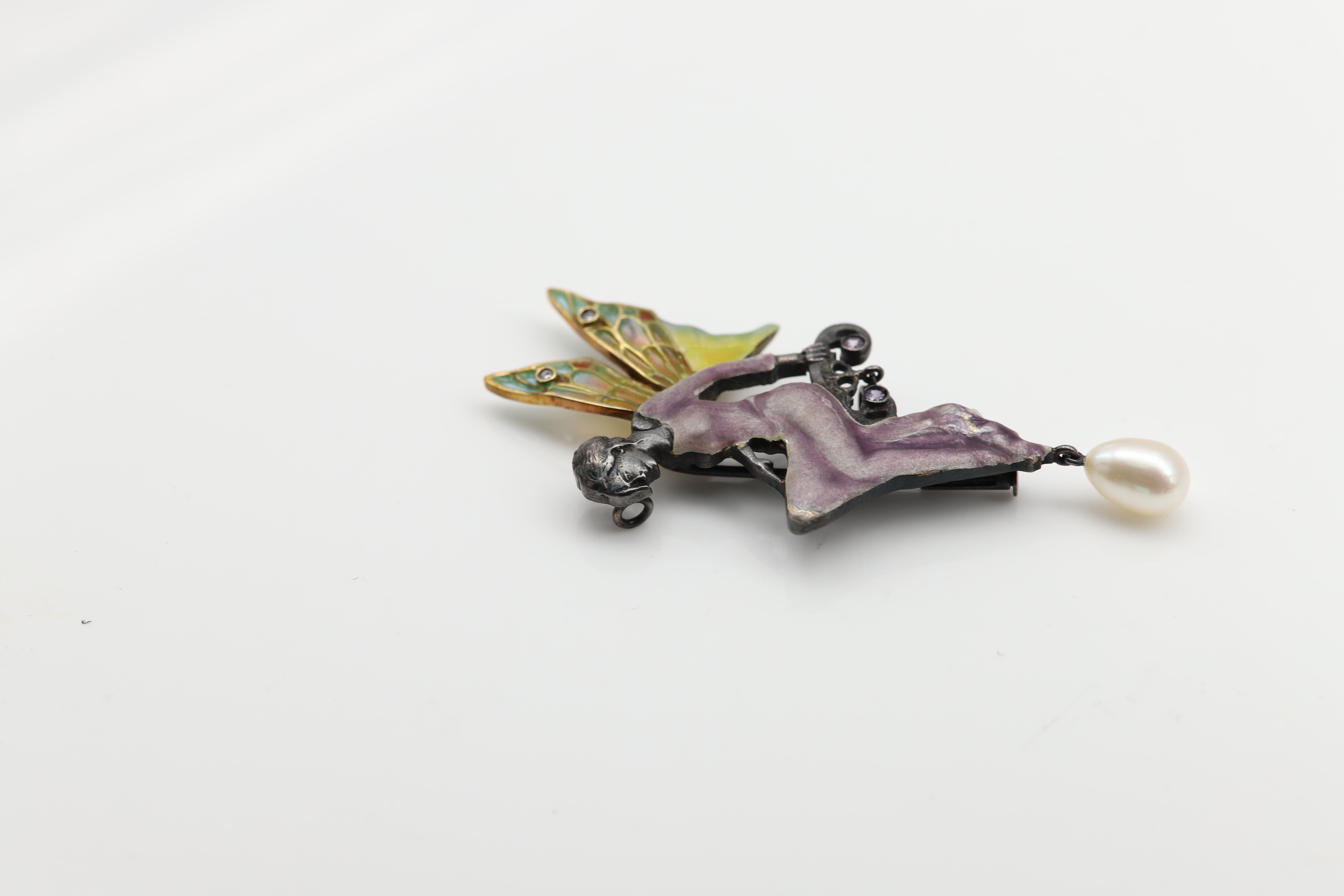Fairy Lady Nouveau 1910 Enamel Brooch Pin Necklace Silver and 18 Karat Gold For Sale 1