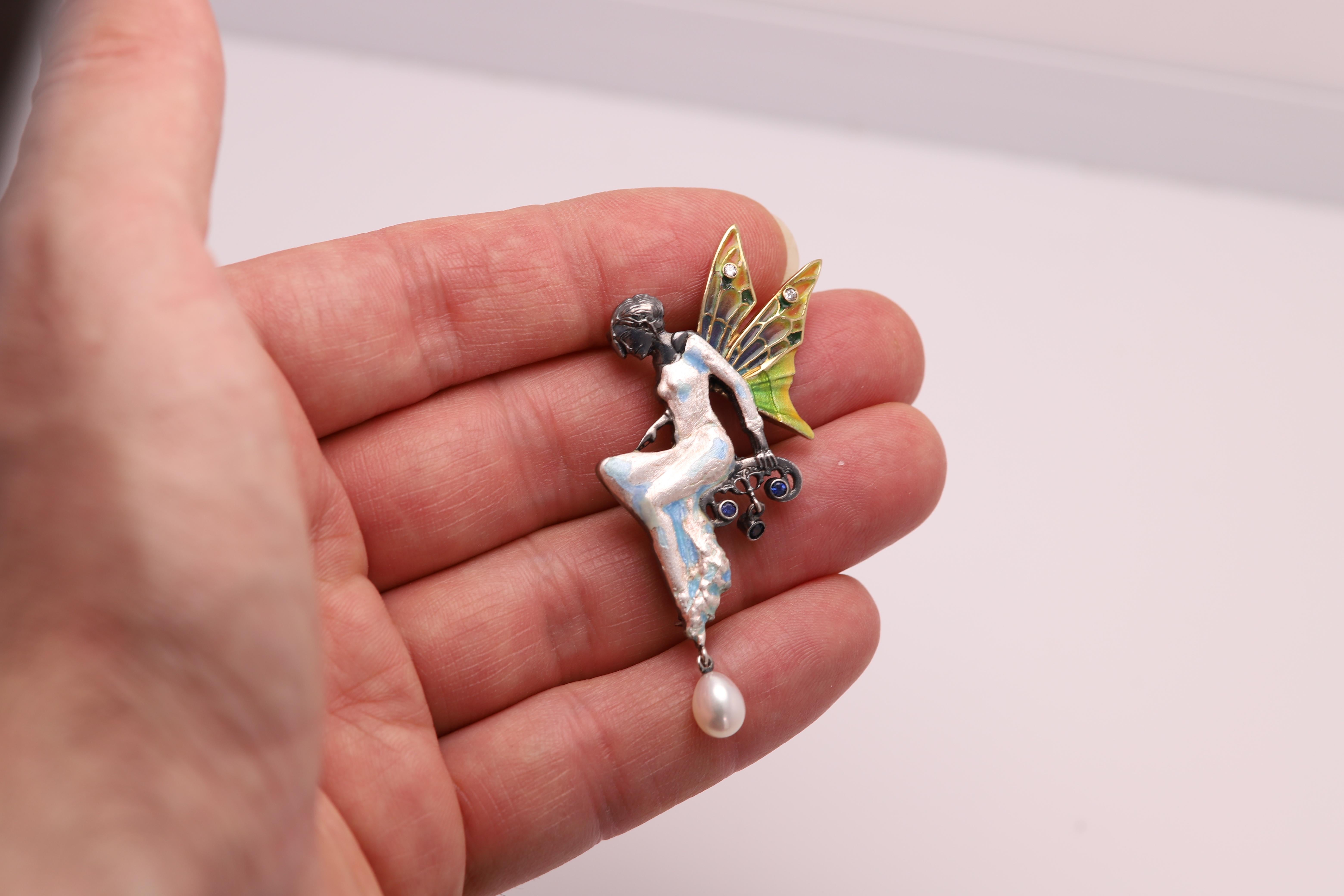 Fairy Lady Nouveau 1910 Enamel Brooch Pin Necklace Silver and 18 Karat Gold 3