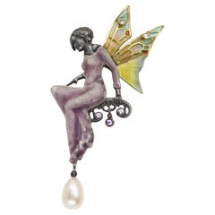 Fairy Lady Nouveau 1910 Enamel Brooch Pin Necklace Silver and 18 Karat Gold