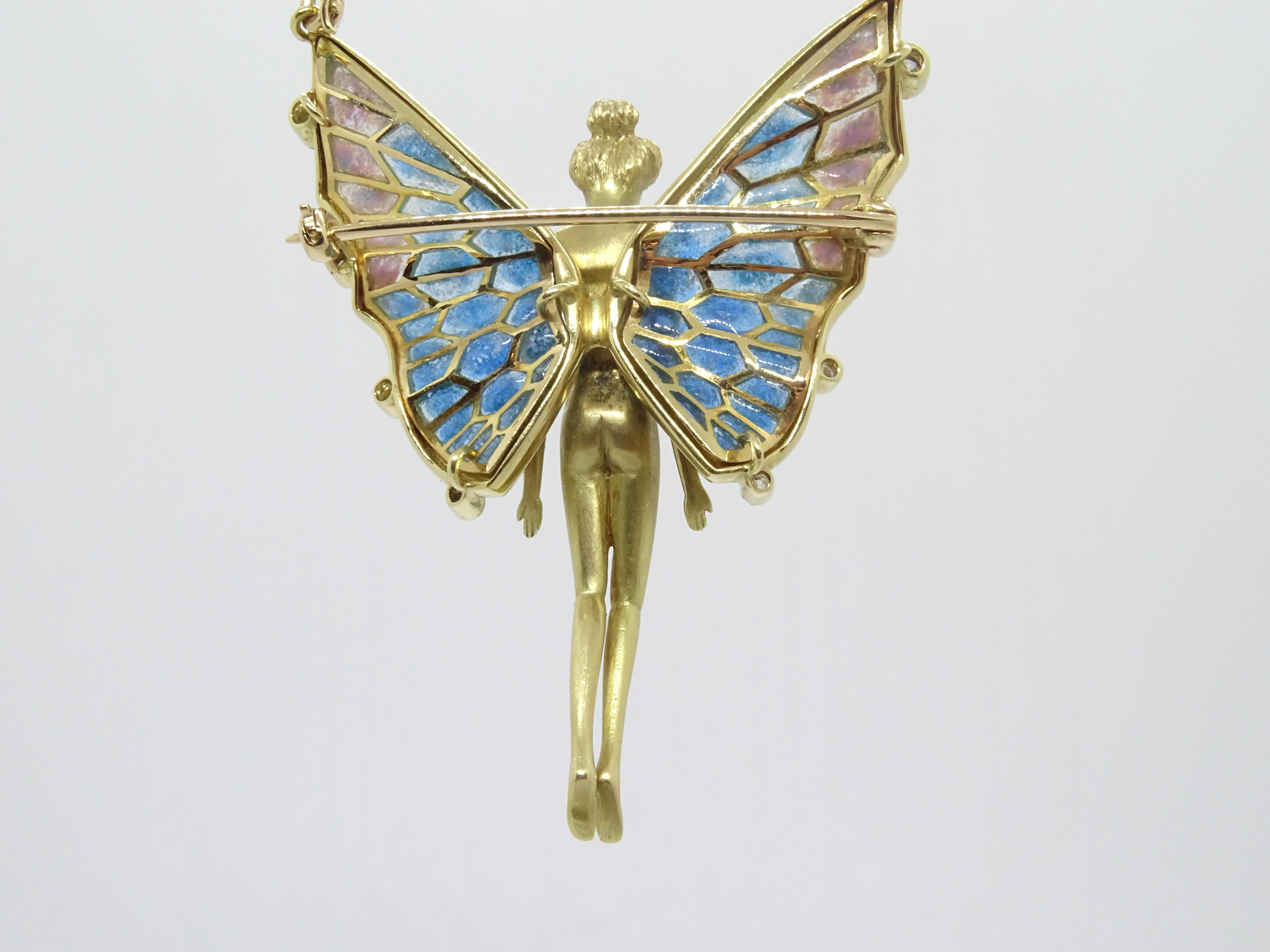 Fairy  Nymph pendant  brooch, 18k gold, plique-à-jour enamel 0.20 cts. diamonds 2