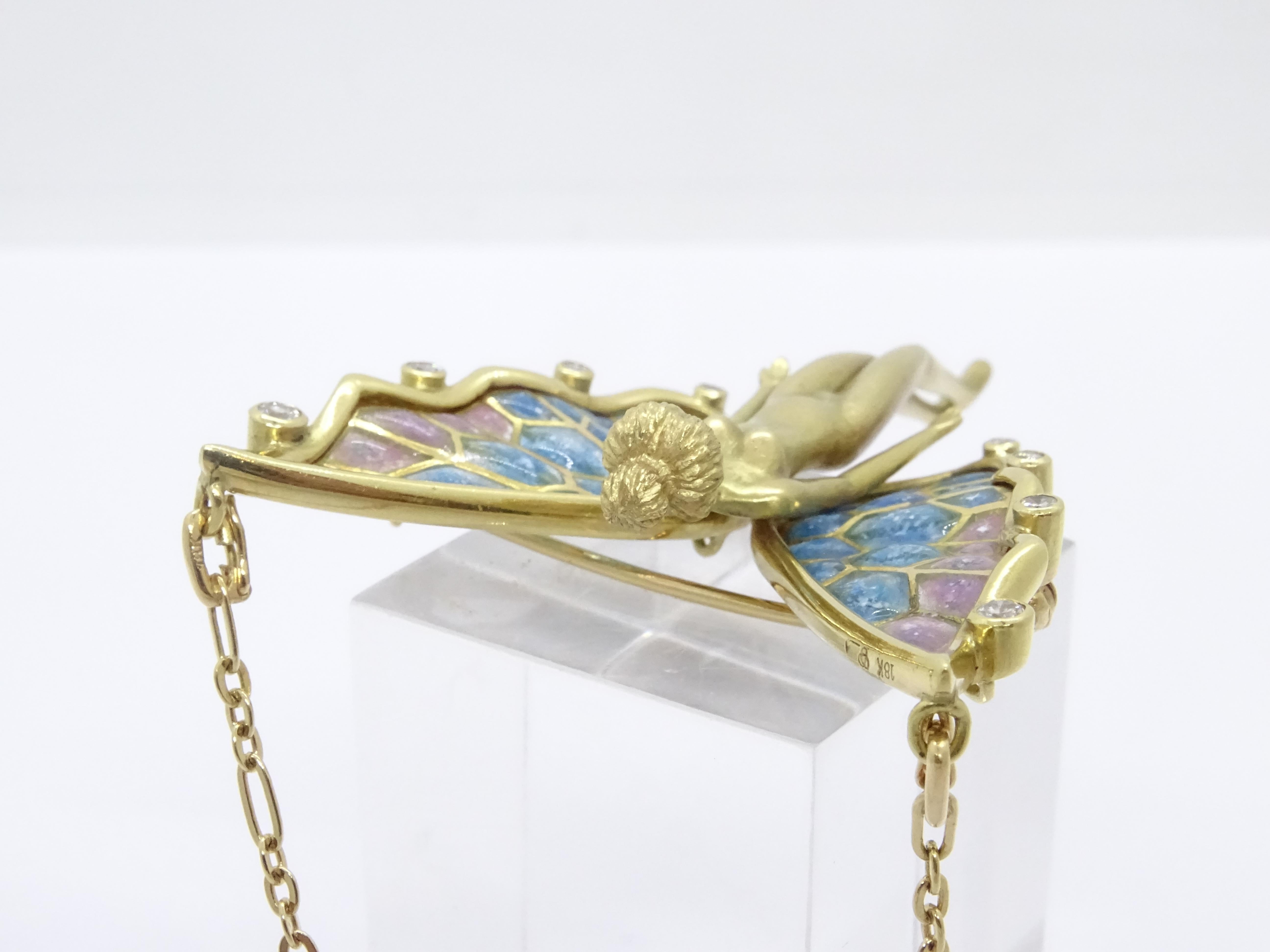 Fairy  Nymph pendant  brooch, 18k gold, plique-à-jour enamel 0.20 cts. diamonds 6