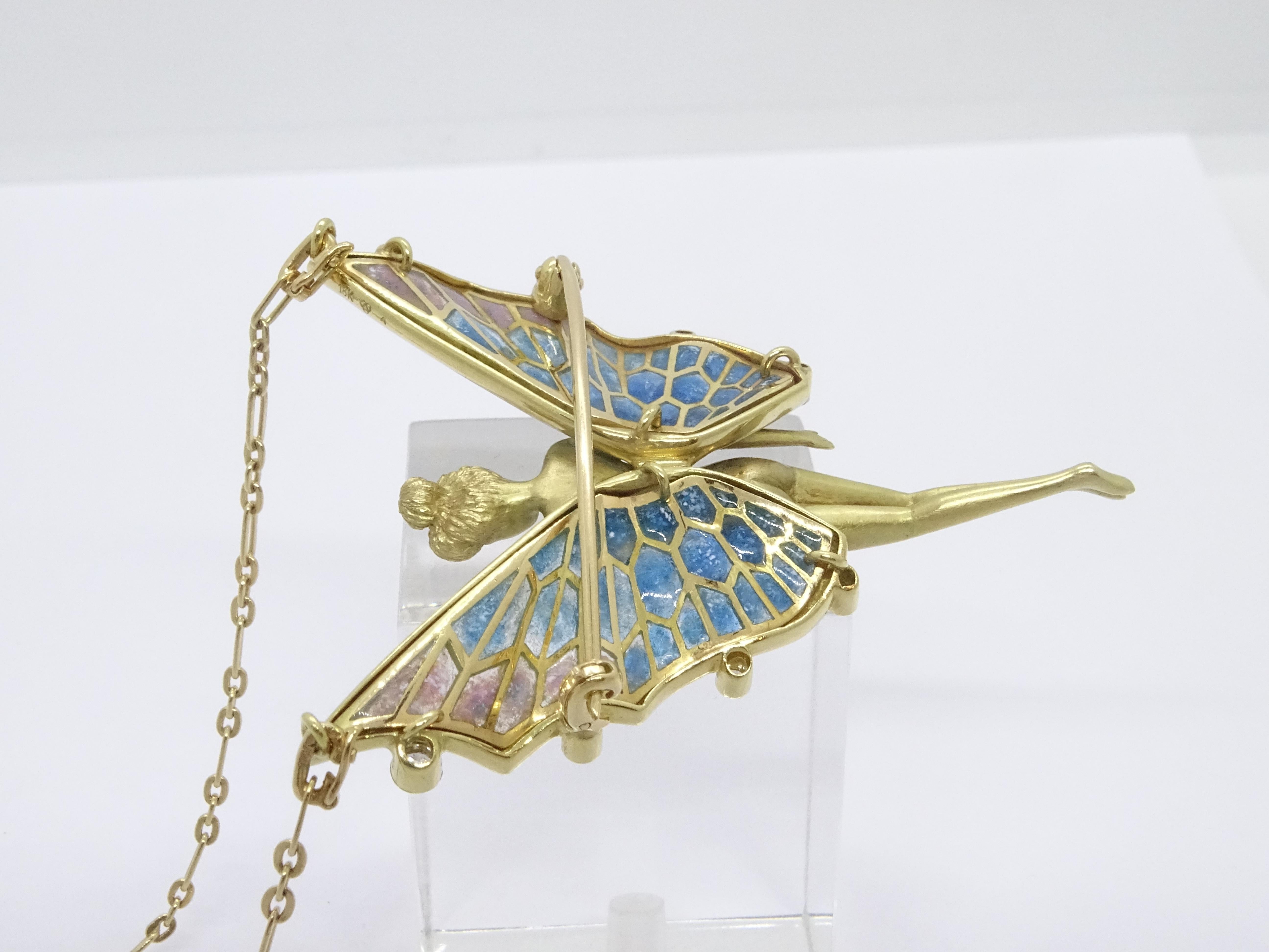 Fairy  Nymph pendant  brooch, 18k gold, plique-à-jour enamel 0.20 cts. diamonds 9
