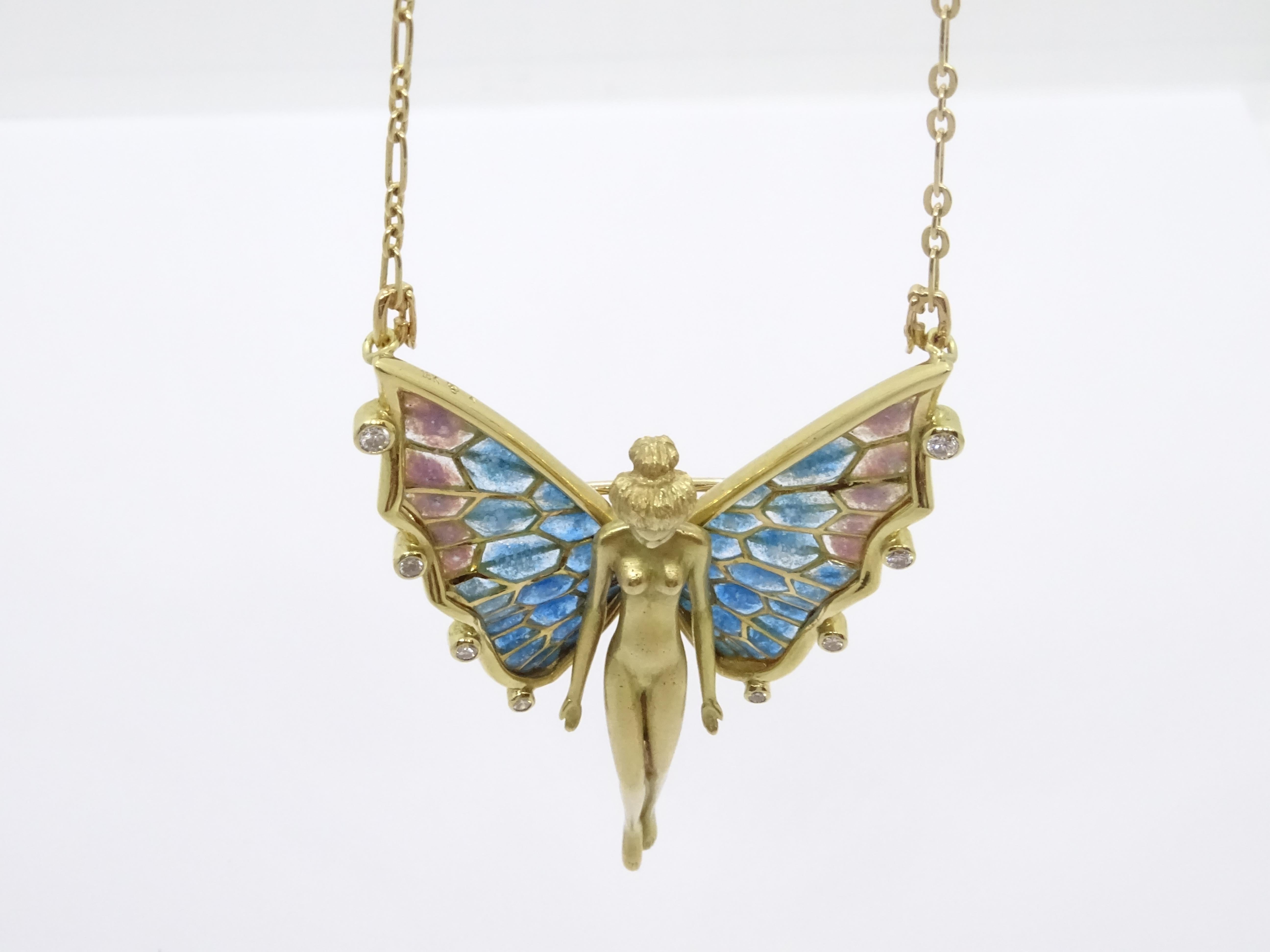 Fairy  Nymph pendant  brooch, 18k gold, plique-à-jour enamel 0.20 cts. diamonds 10