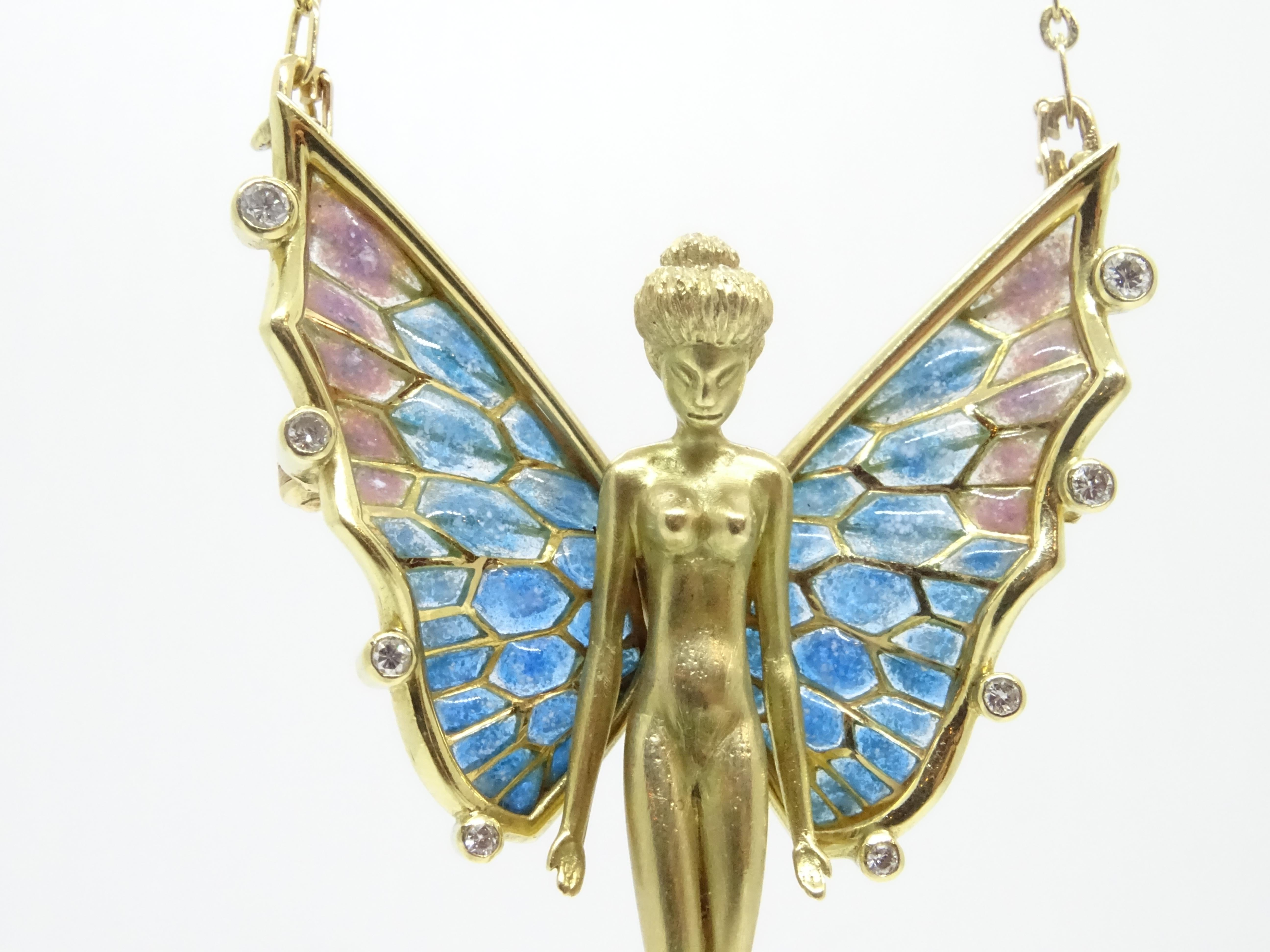 Art Nouveau Fairy  Nymph pendant  brooch, 18k gold, plique-à-jour enamel 0.20 cts. diamonds