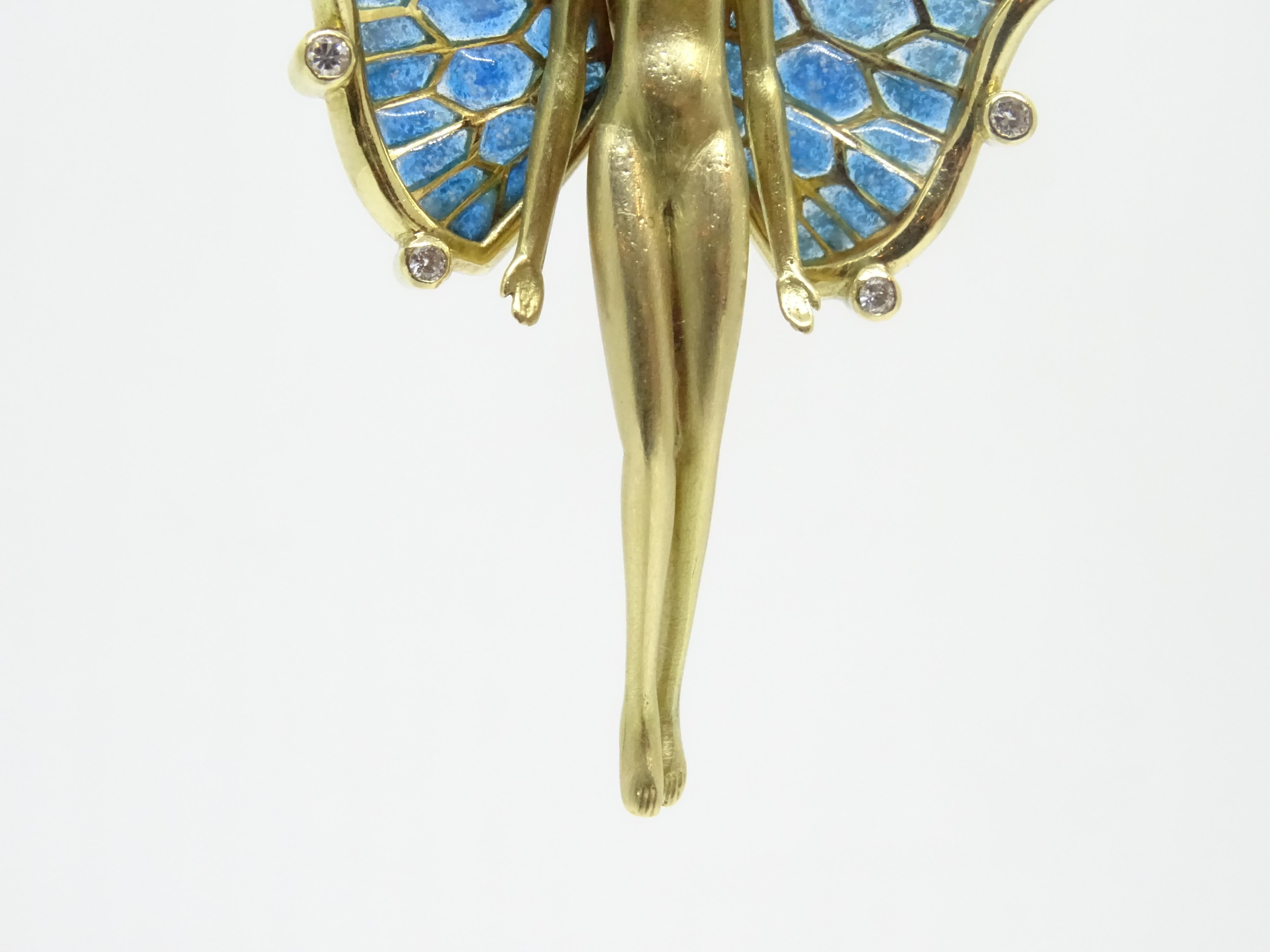 Brilliant Cut Fairy  Nymph pendant  brooch, 18k gold, plique-à-jour enamel 0.20 cts. diamonds