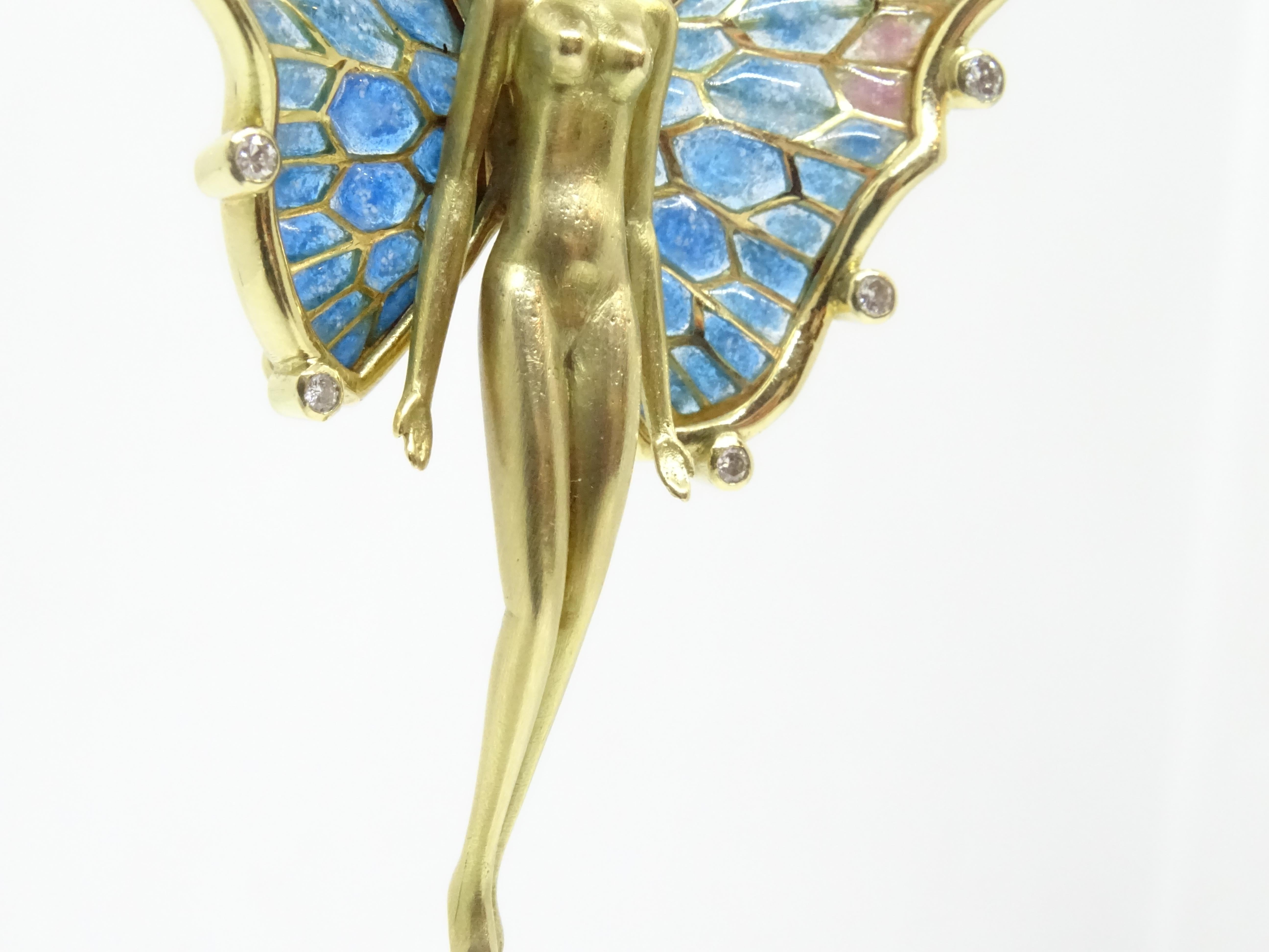 Fairy  Nymph pendant  brooch, 18k gold, plique-à-jour enamel 0.20 cts. diamonds In Excellent Condition In VALLADOLID, ES