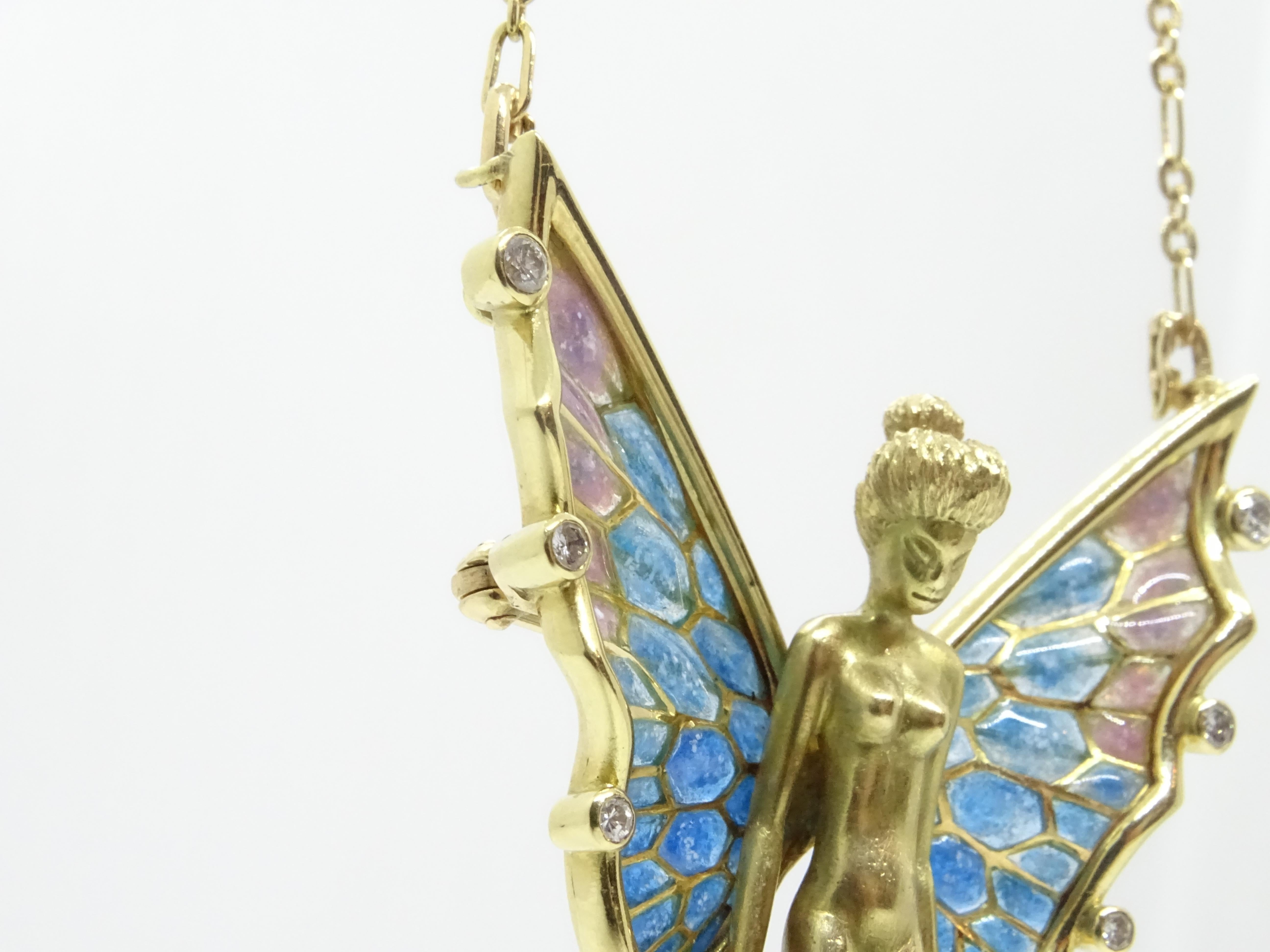 Women's or Men's Fairy  Nymph pendant  brooch, 18k gold, plique-à-jour enamel 0.20 cts. diamonds