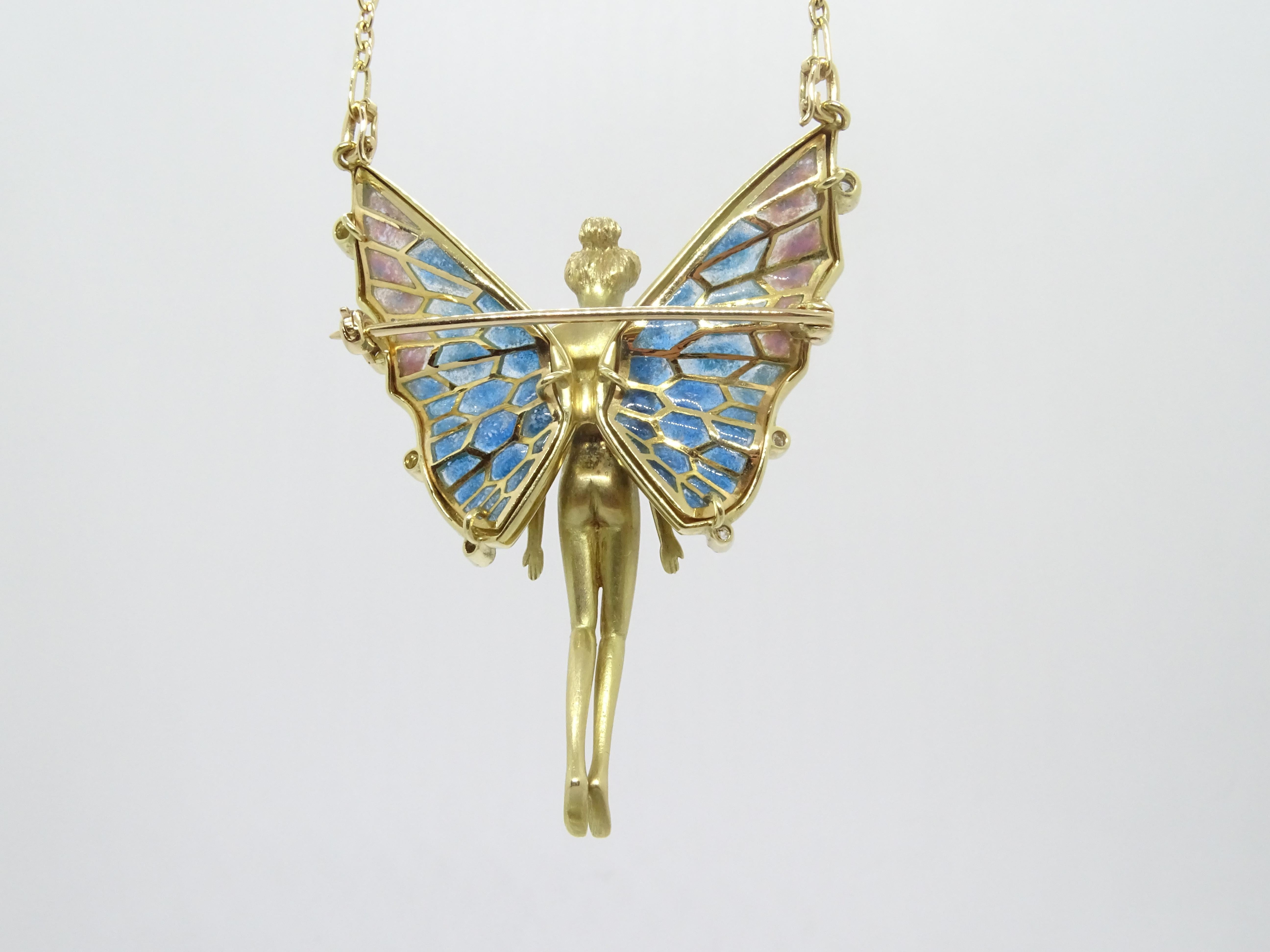 Fairy  Nymph pendant  brooch, 18k gold, plique-à-jour enamel 0.20 cts. diamonds 1