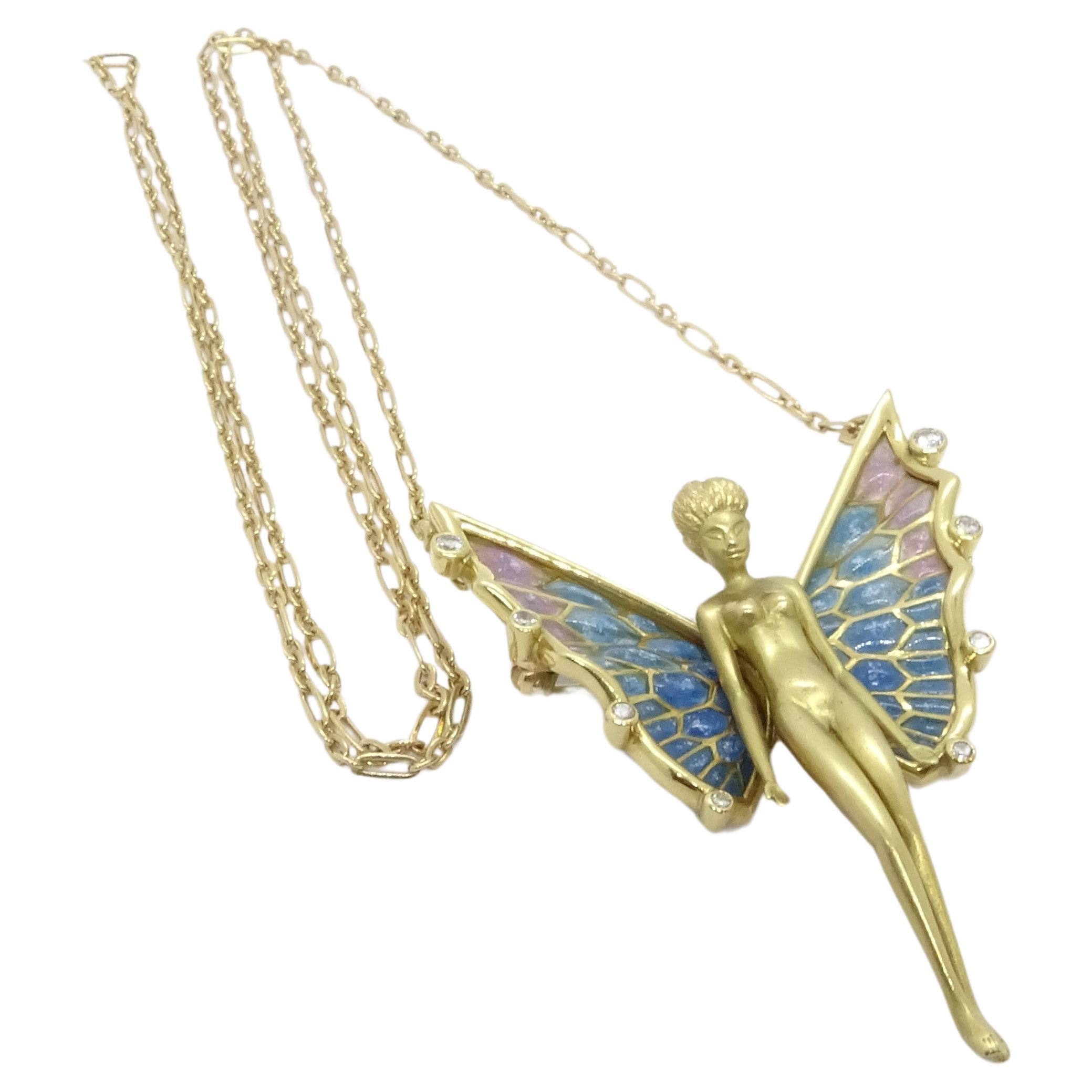 Fairy  Nymph pendant  brooch, 18k gold, plique-à-jour enamel 0.20 cts. diamonds