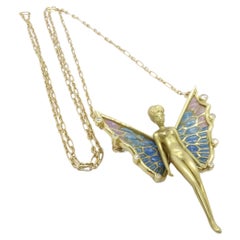 Vintage Fairy  Nymph pendant  brooch, 18k gold, plique-à-jour enamel 0.20 cts. diamonds