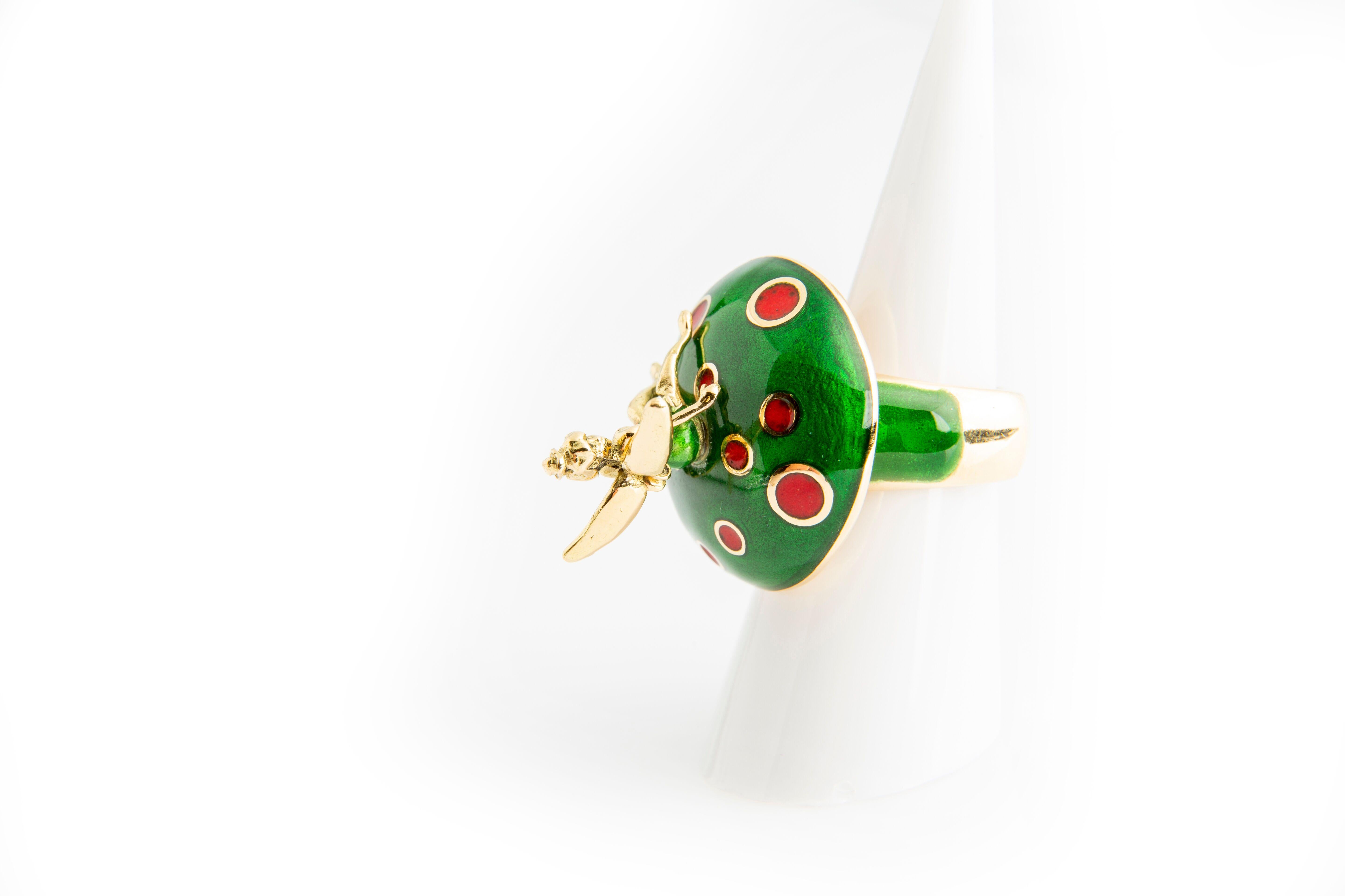 Fairy Tale Red and Green Enamel 18 Karat Yellow Gold Cocktail Ring For Sale 6