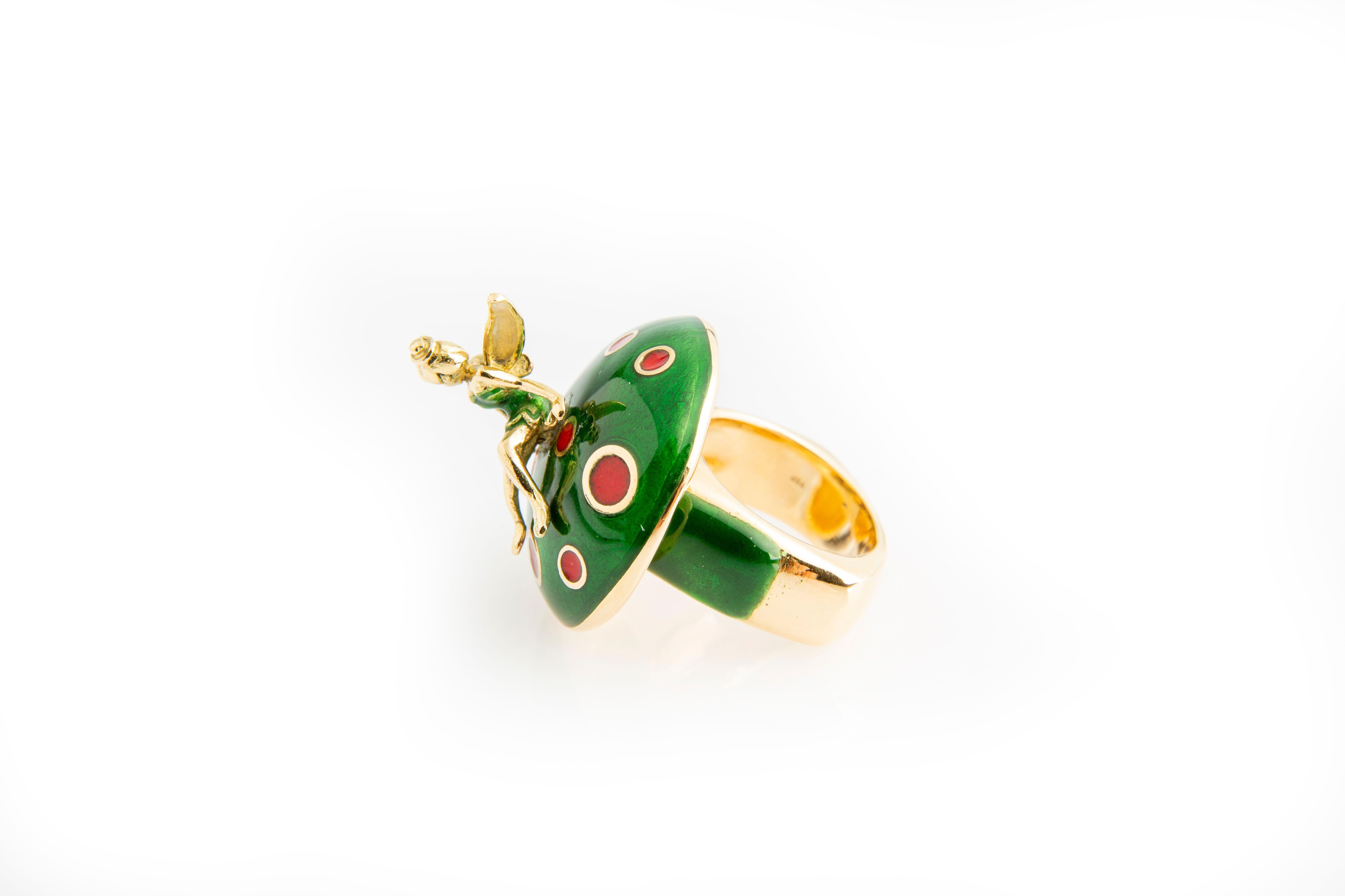 Fairy Tale Red and Green Enamel 18 Karat Yellow Gold Cocktail Ring For Sale 8