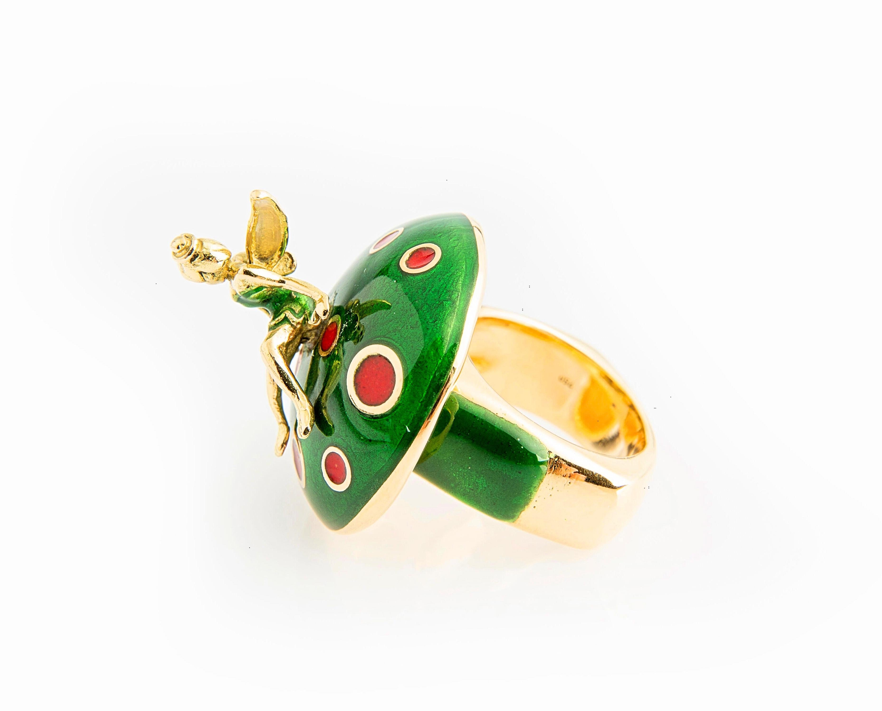 Contemporary Fairy Tale Red and Green Enamel 18 Karat Yellow Gold Cocktail Ring For Sale