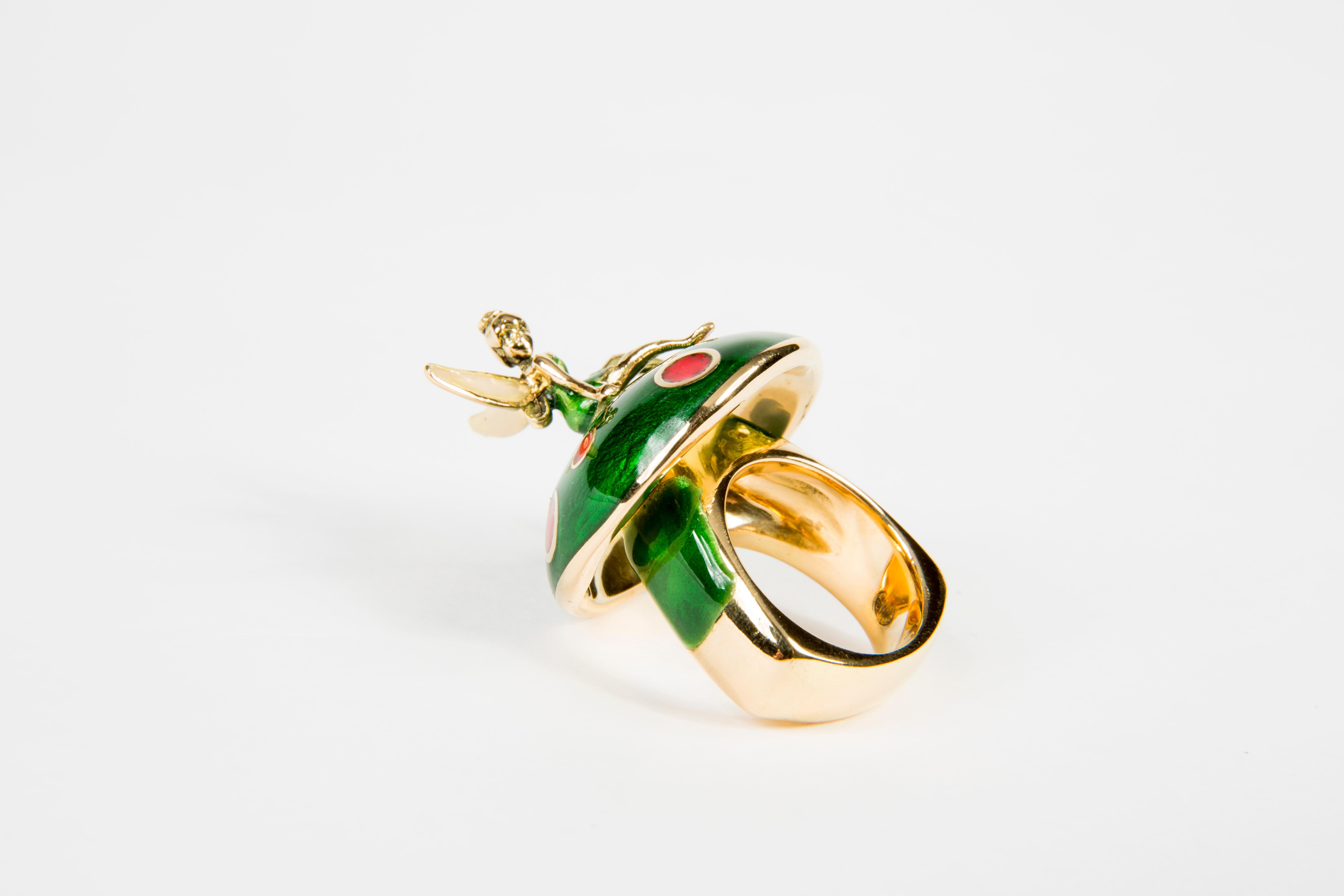 Women's Fairy Tale Red and Green Enamel 18 Karat Yellow Gold Cocktail Ring For Sale