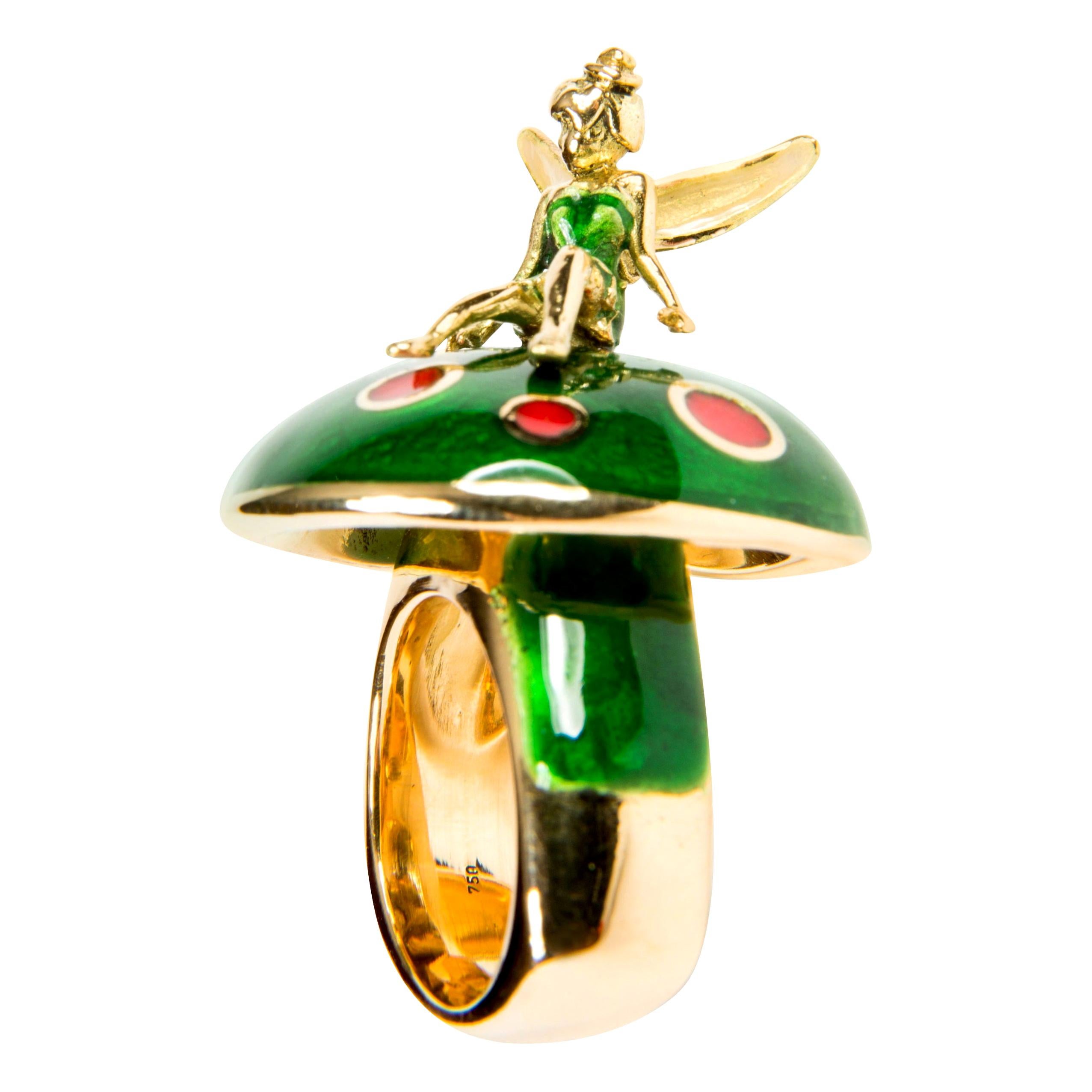 Fairy Tale Red and Green Enamel 18 Karat Yellow Gold Cocktail Ring For Sale