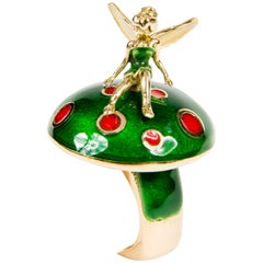 Fairy Tale Red and Green Enamel Cocktail Ring in 18 Karat Yellow Gold