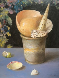 Fairy Tale, Still Life with Seashells & Floral Backdrop, Oil & Goldleaf on Panel