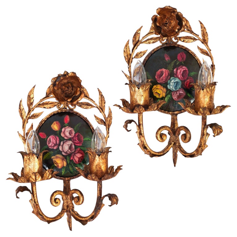 Fairy Tale style gilt wrought iron wall lights by Ferro Art, Spain, 1940s