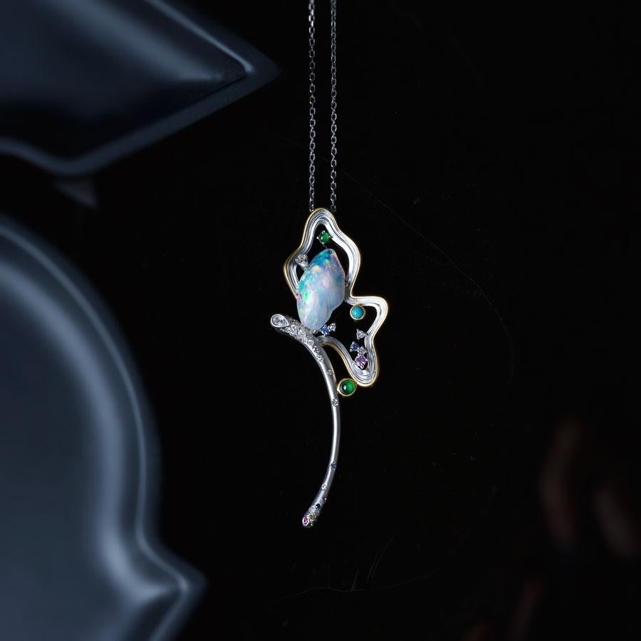 Fairy Whisper - Fire Opal Necklace in 18K White Gold with Diamonds, Sapphires For Sale 1