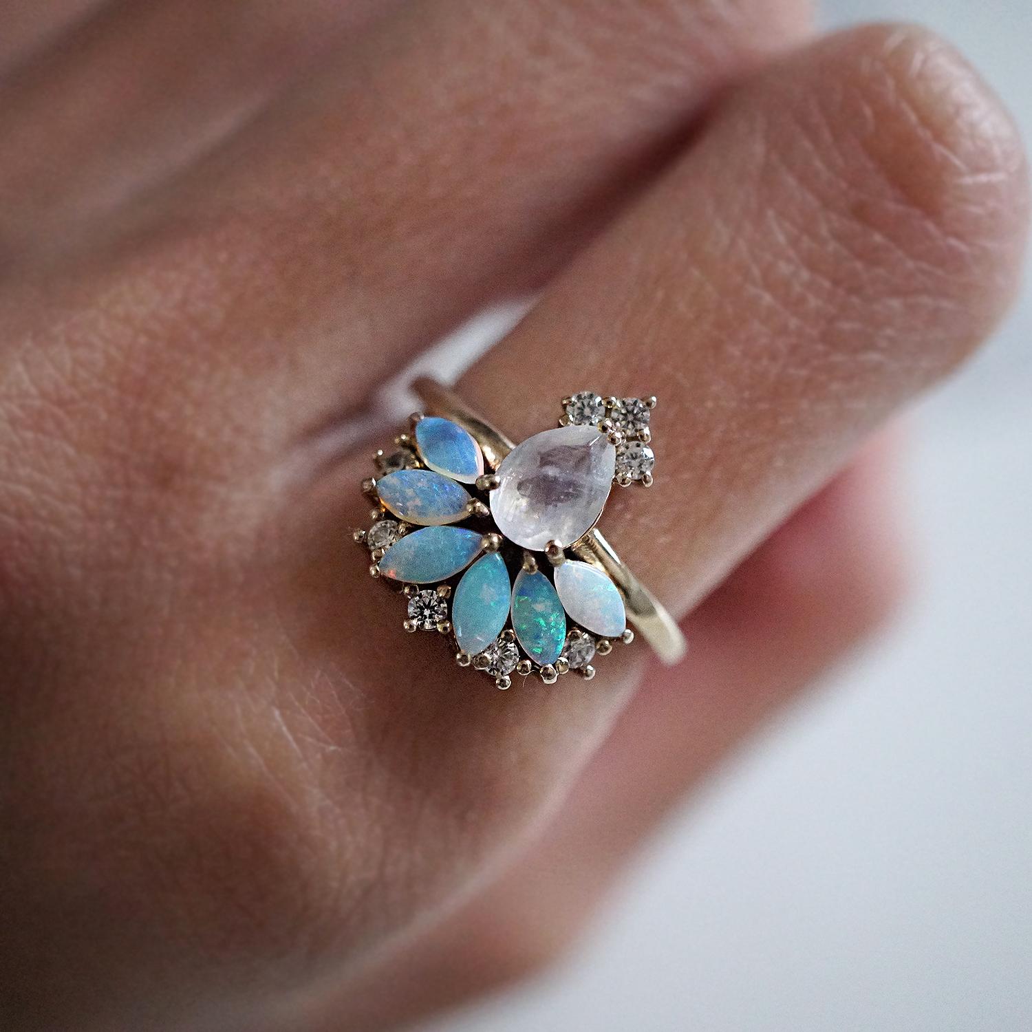 Contemporary Fairydust Opal Moonstone Diamond Ring For Sale
