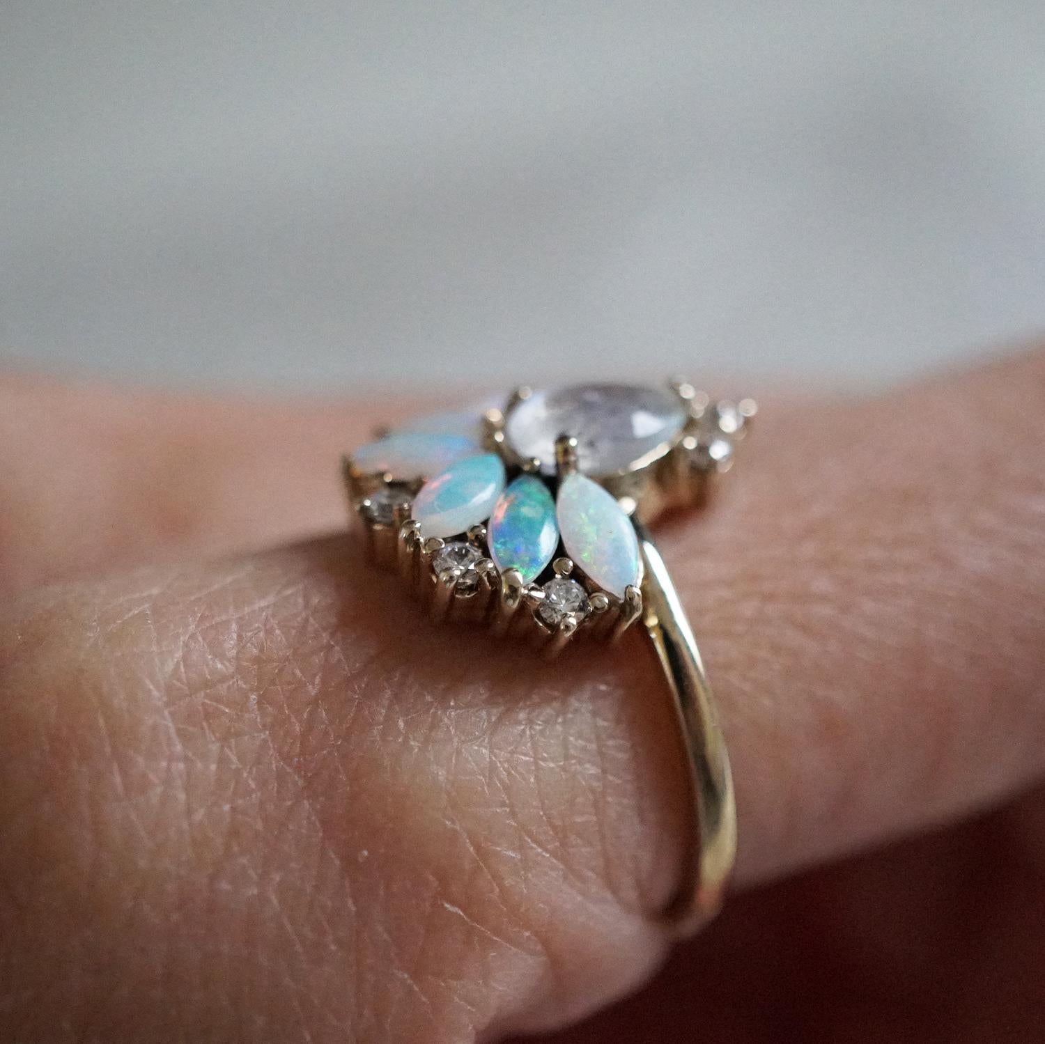 Pear Cut Fairydust Opal Moonstone Diamond Ring For Sale