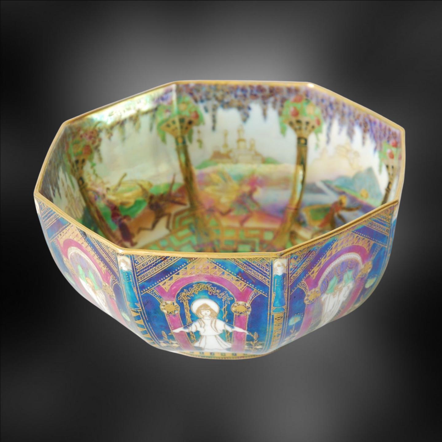 An octagonal fairyland lustre bowl, decorated with Geisha pattern, one of the best loved of Daisy Makeig-Jones’ designs.

Probably the best of Wedgwood's female designers, Daisy was an eccentric character, who pushed her way into a world dominated