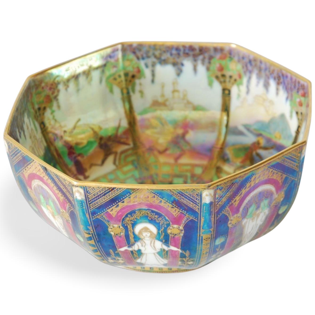 An octagonal fairyland lustre bowl, decorated with Geisha pattern, one of the best loved of Daisy Makeig-Jones’ designs.

Probably the best of Wedgwood's female designers, Daisy was an eccentric character, who pushed her way into a world dominated