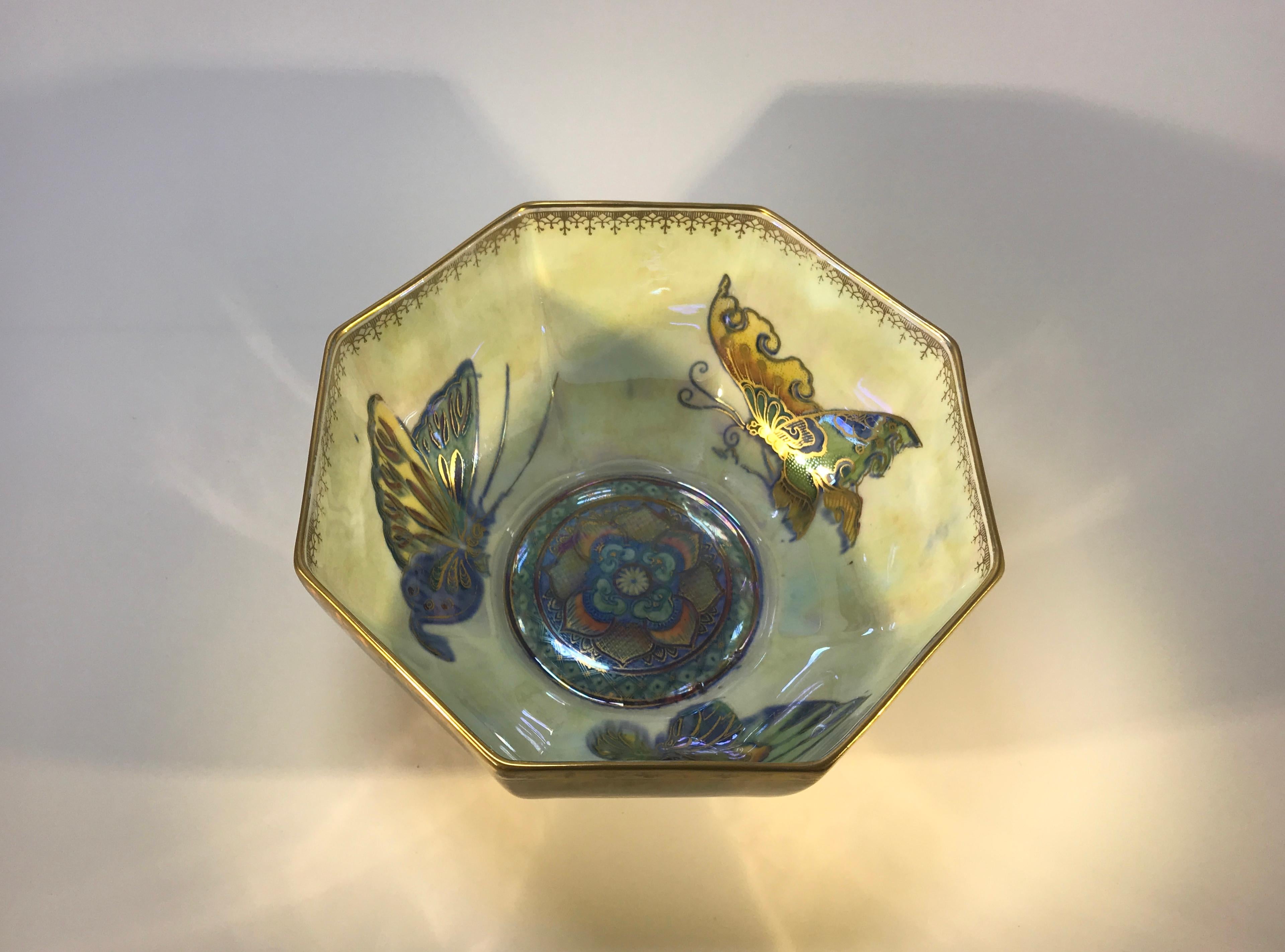 Porcelain Fairyland Lustre Butterfly Octagonal Bowl Daisy Makeig-Jones Wedgwood Deco, 1925