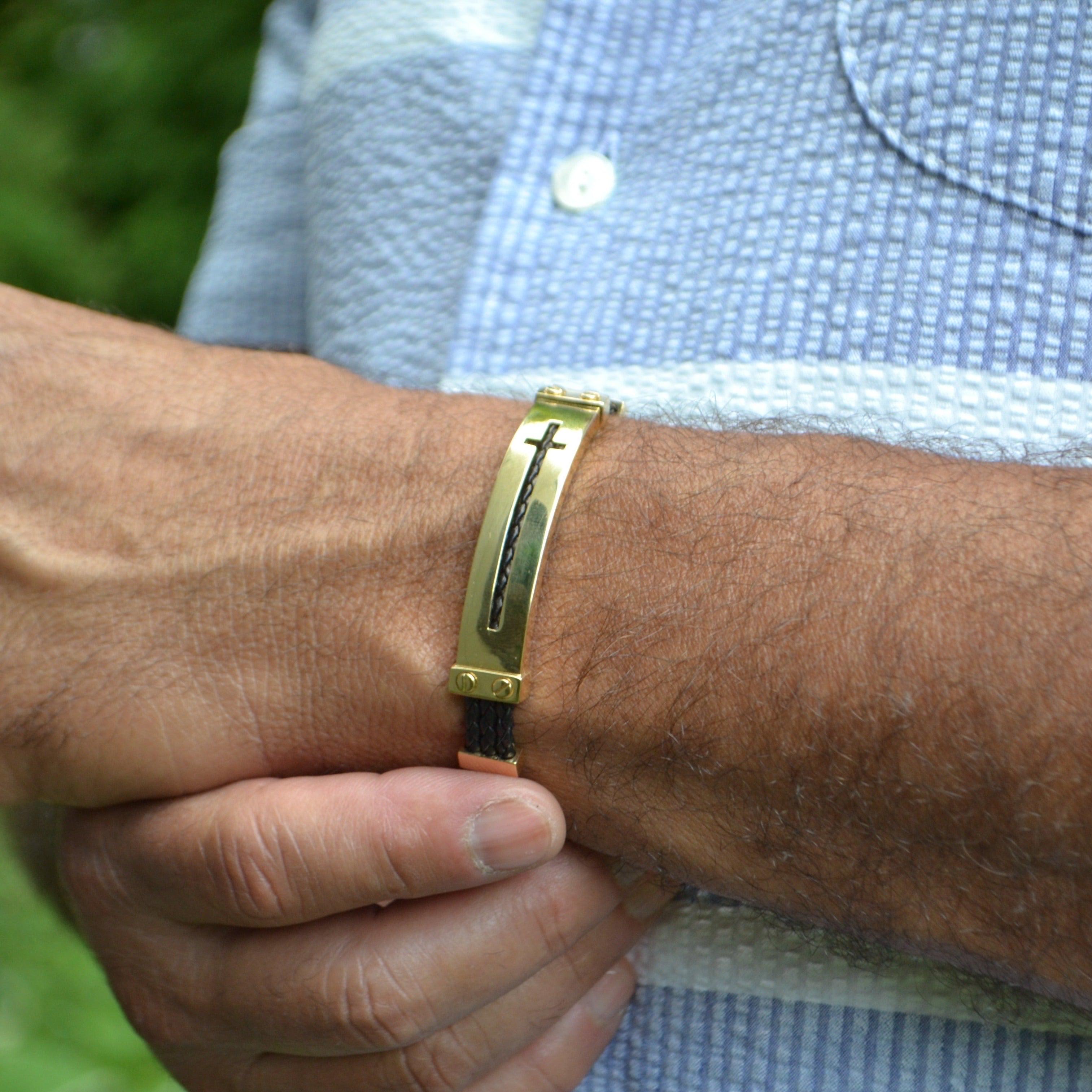 Women's or Men's Faith 18K Gold & Leather Rope Bracelet For Sale