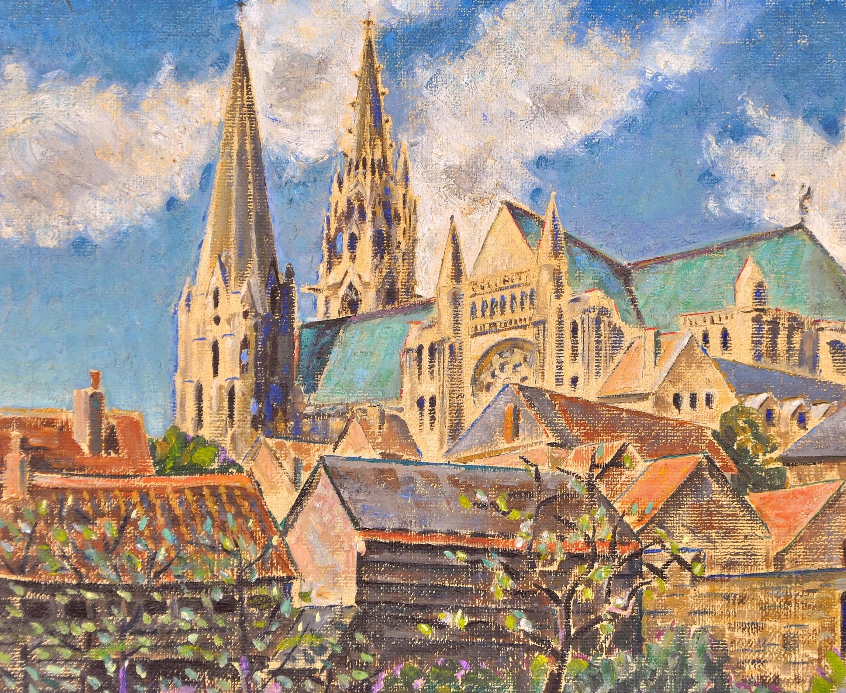 Chartres - English Impressionist France Town Landscape Oil on Canvas Painting For Sale 1