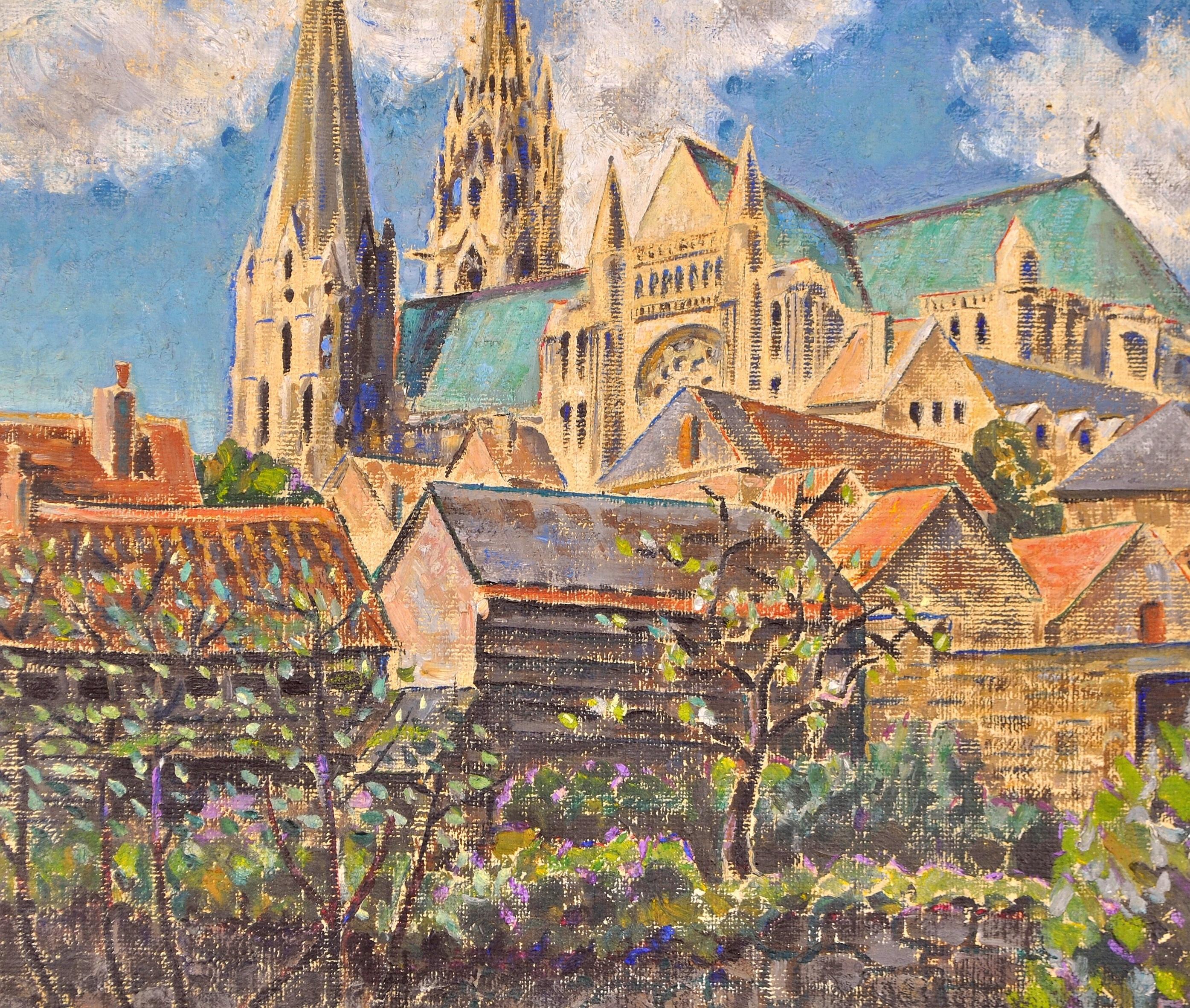 Chartres - English Impressionist France Town Landscape Oil on Canvas Painting For Sale 2