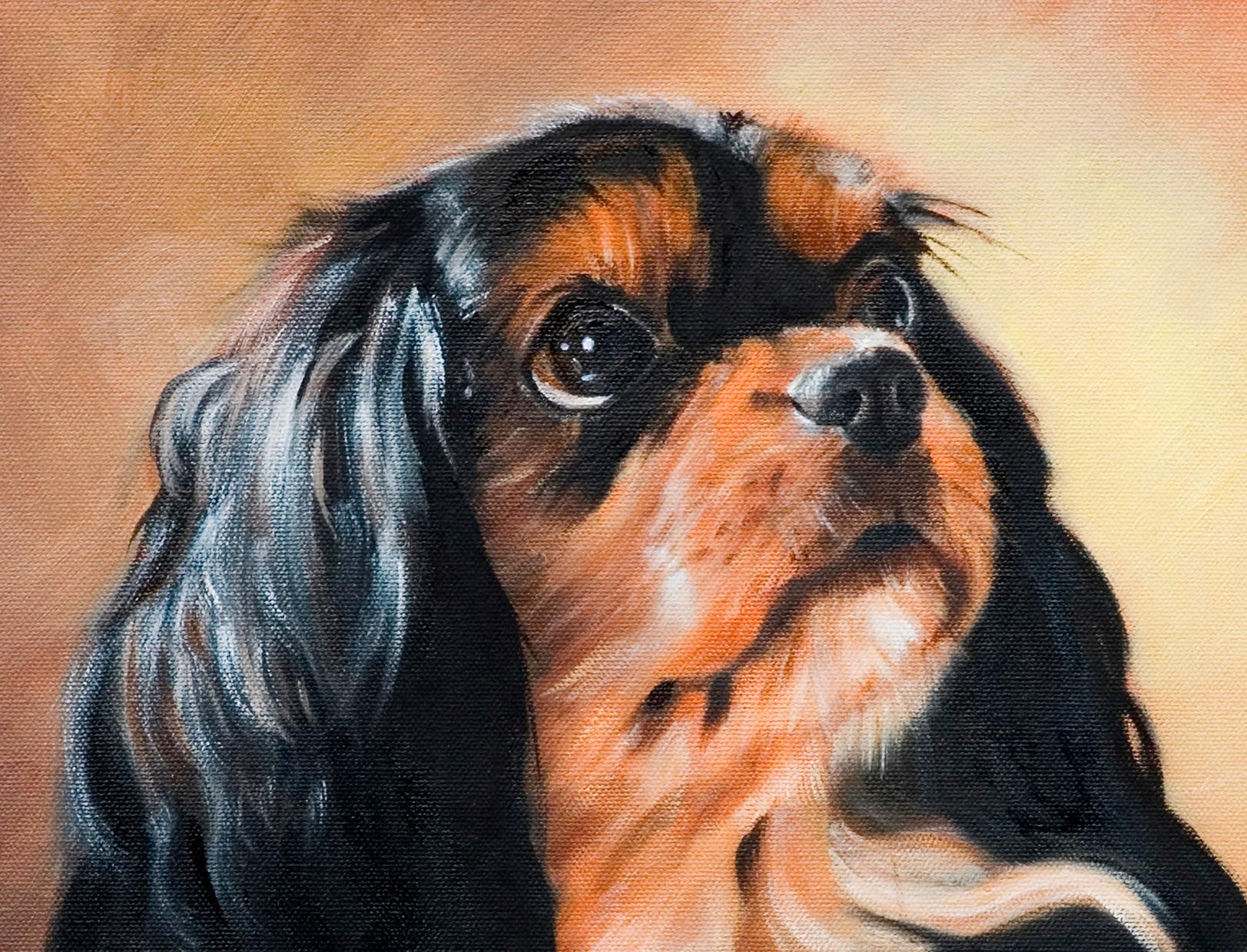 Romantic Cavalier King Charles Spaniel dog painting bathed in Caravaggio light - Painting by Faith Cameron Semmes