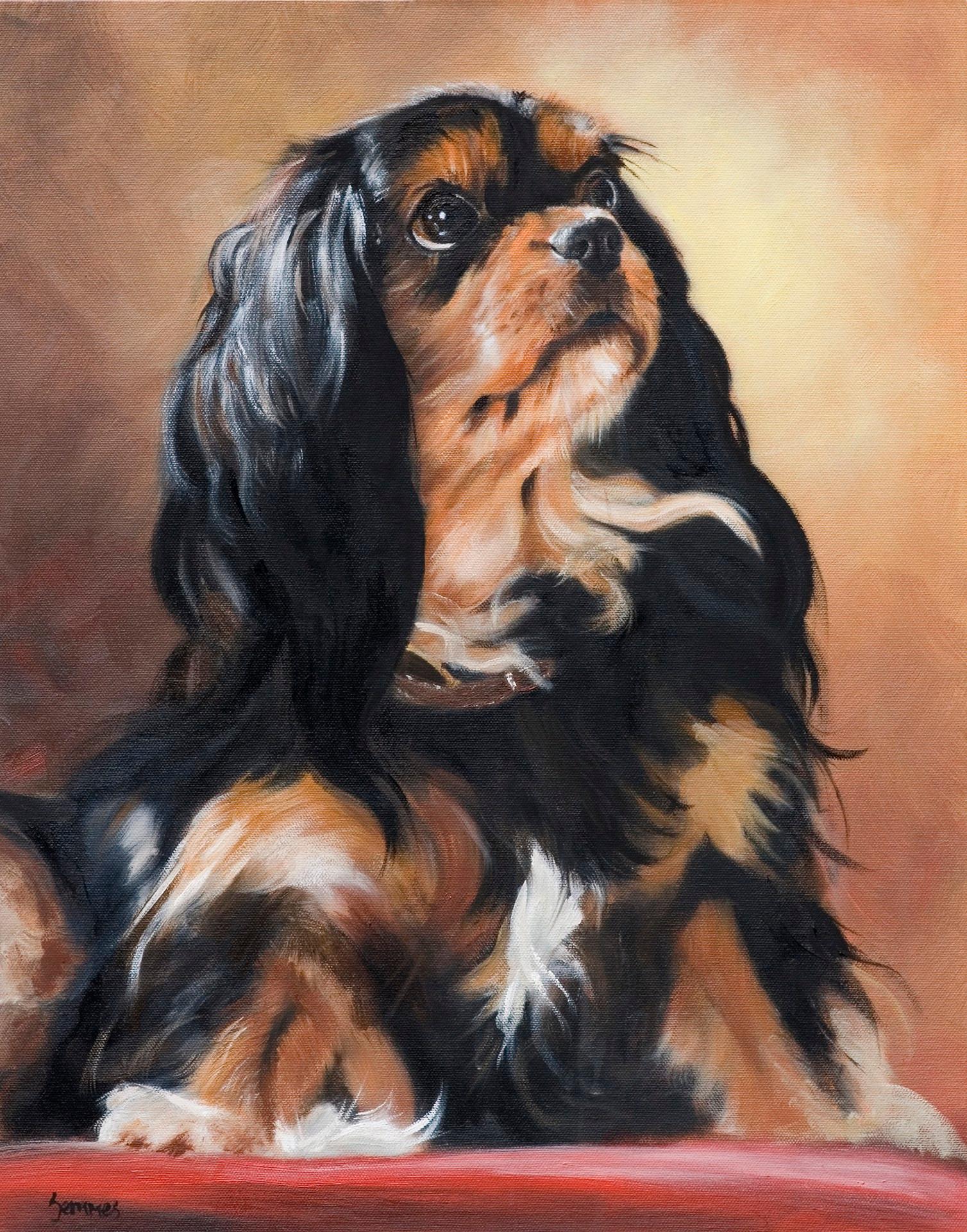Romantic Cavalier King Charles Spaniel dog painting bathed in Caravaggio light