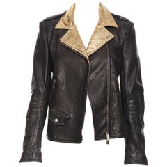 FAITH CONNEXION black pebble leather metallic gold back moto biker jacket FR38