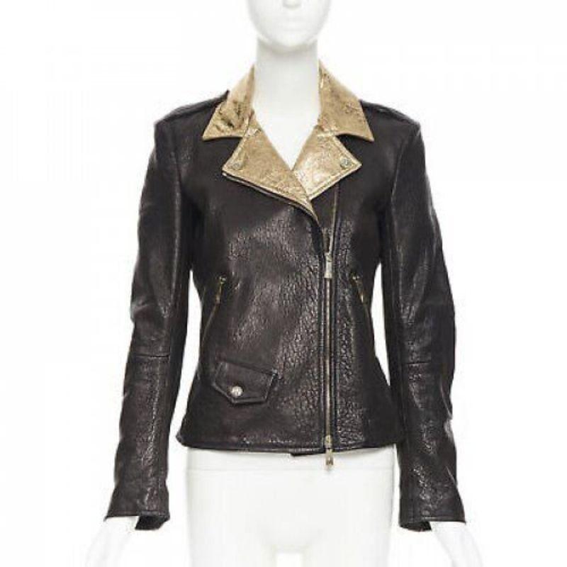 Black FAITH CONNEXION black pebble leather metallic gold back moto biker jacket FR38 S For Sale