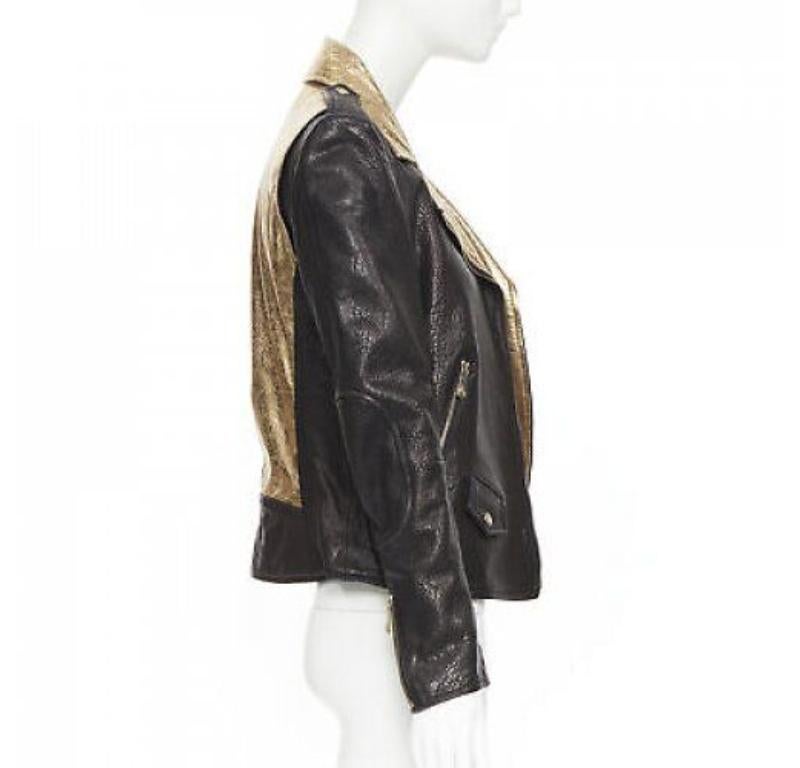 Women's FAITH CONNEXION black pebble leather metallic gold back moto biker jacket FR38 S For Sale