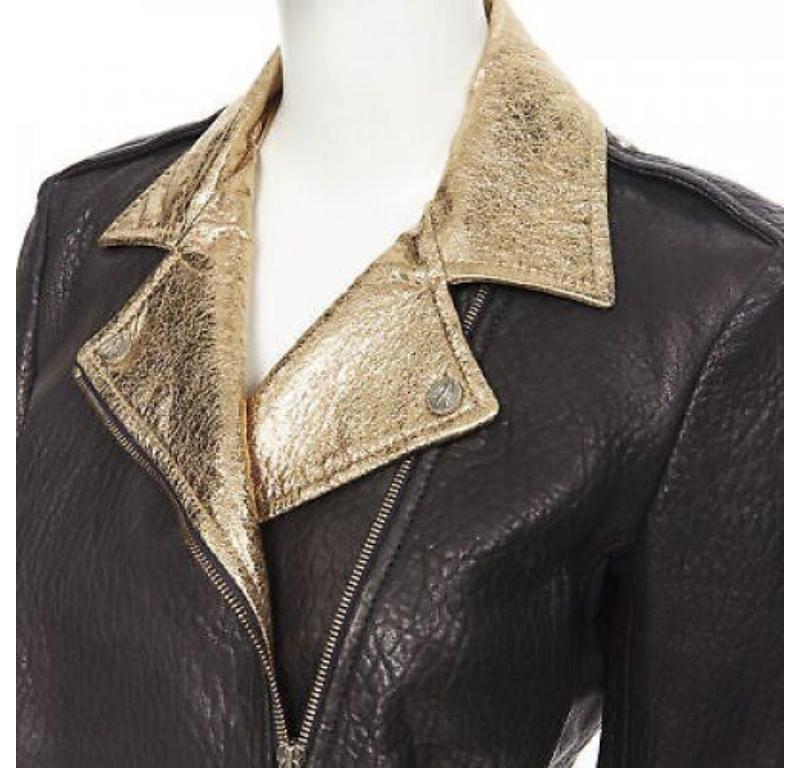 FAITH CONNEXION black pebble leather metallic gold back moto biker jacket FR38 S For Sale 3