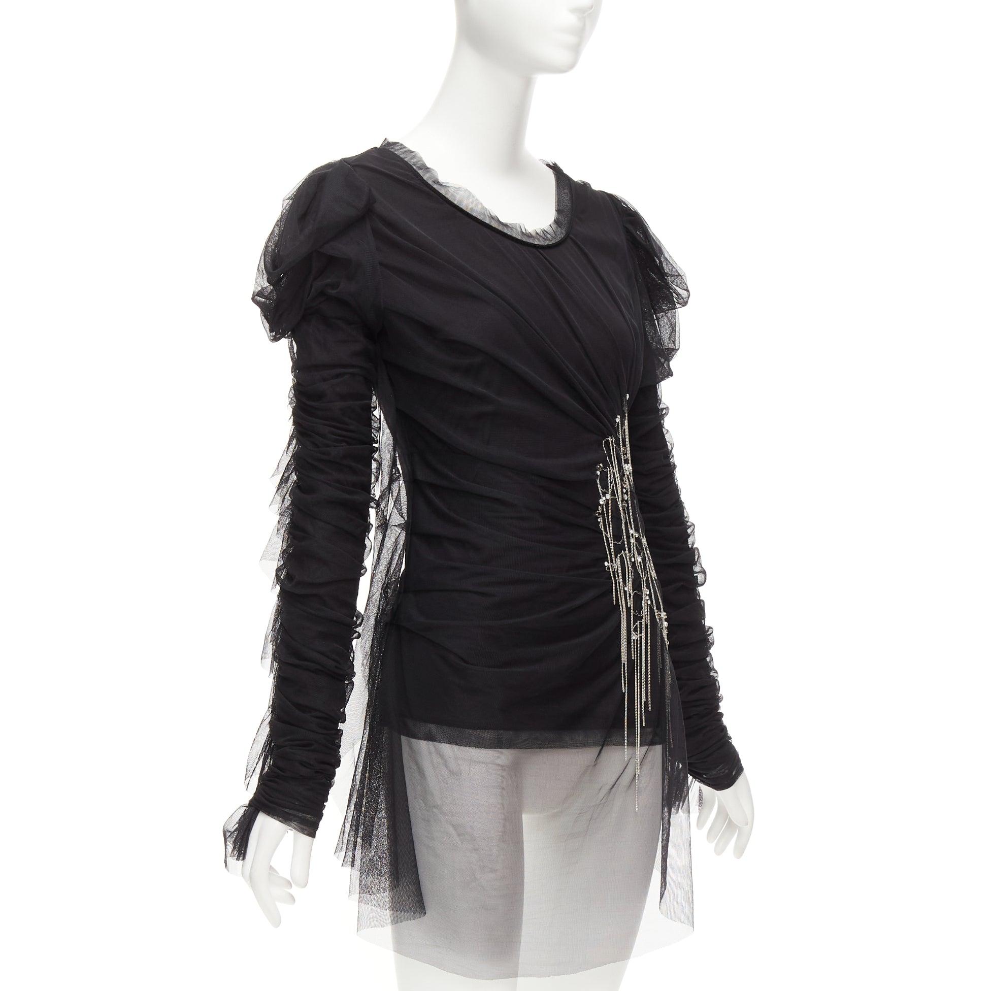 Black FAITH CONNEXION black viscose mesh overlay silver chain crystal top S For Sale