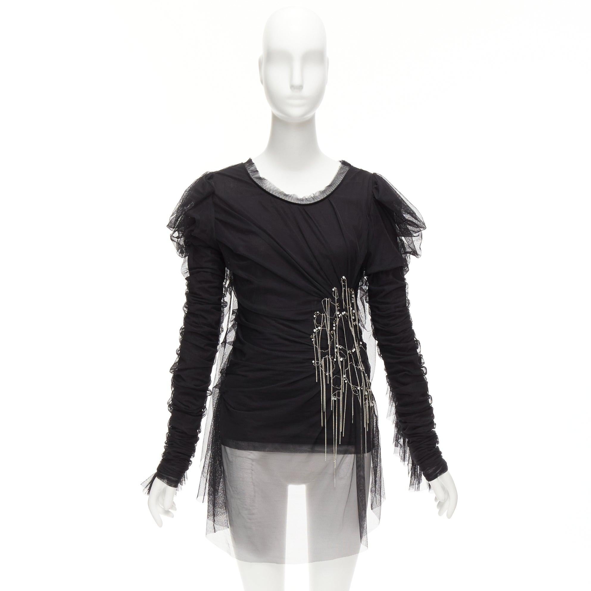FAITH CONNEXION black viscose mesh overlay silver chain crystal top S For Sale 4