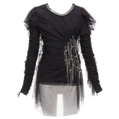 FAITH CONNEXION schwarzes Viskose-Netz-Overlay-Silberkette-Kristall-Top S