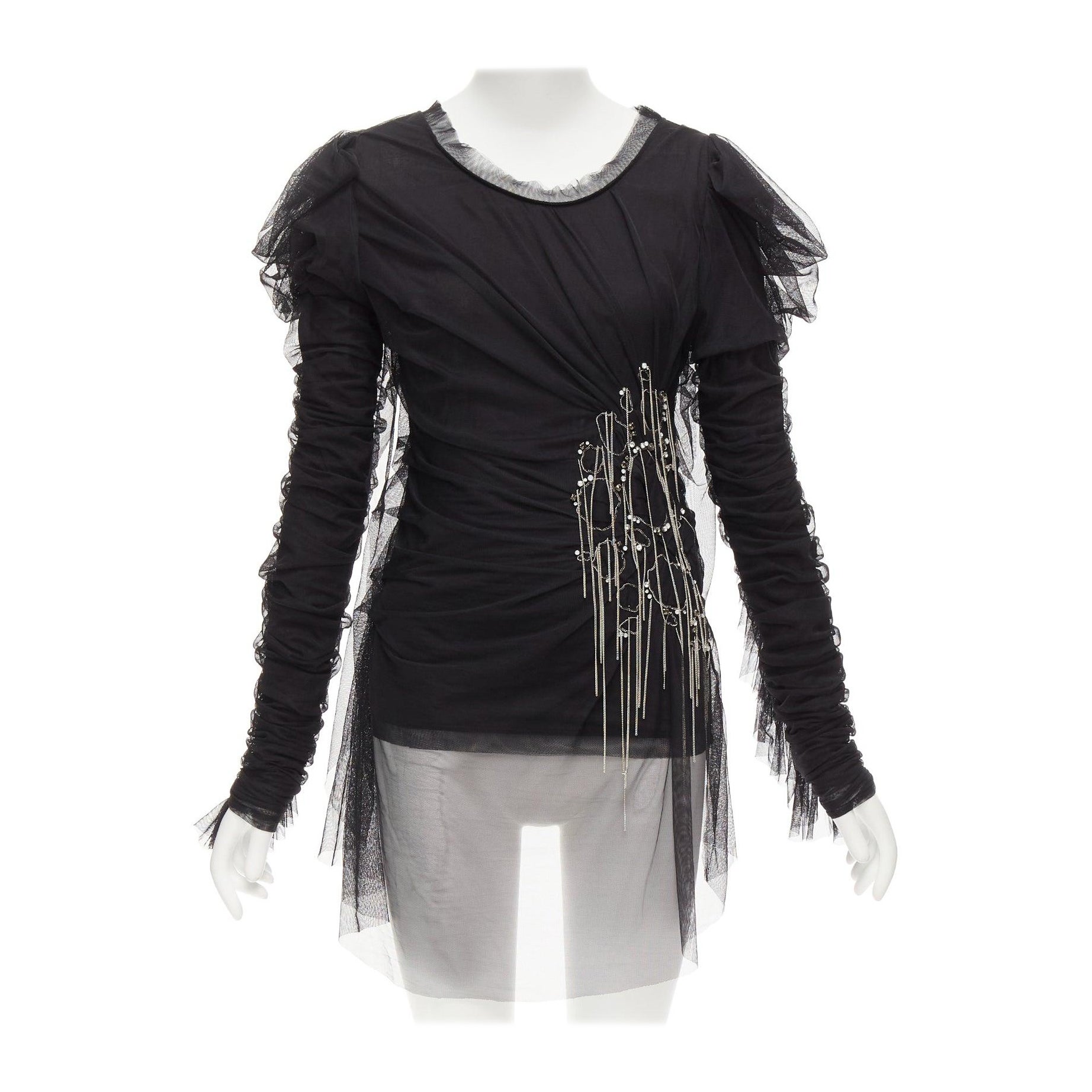 FAITH CONNEXION top de malla de viscosa negra superpuesta con cadena de cristal plateado S en venta